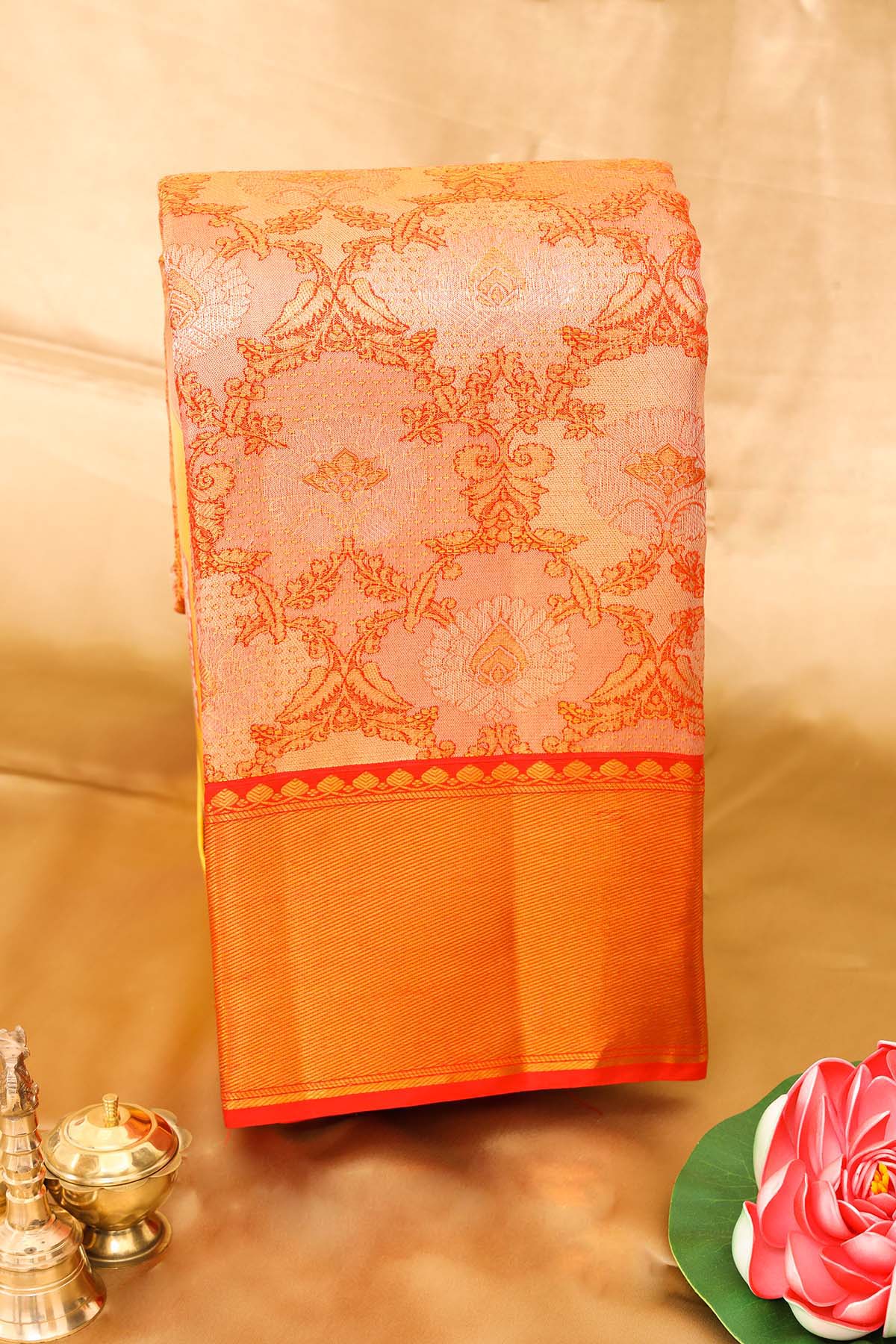 Traditional Peach Gold Kanchipuram Silk Saree