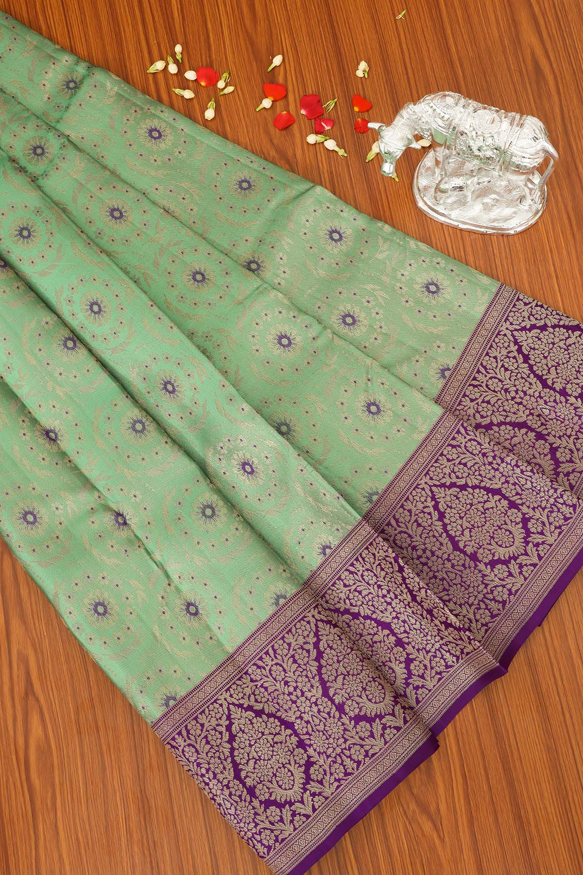 Temple Elegance Green & Purple Kanchi Soft Silk Saree
