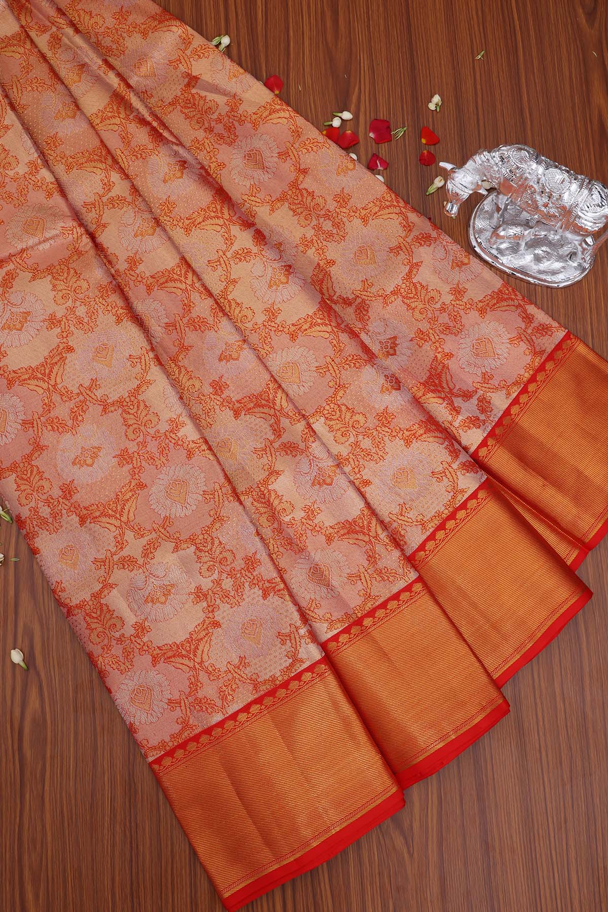 Traditional Peach Gold Kanchipuram Silk Saree
