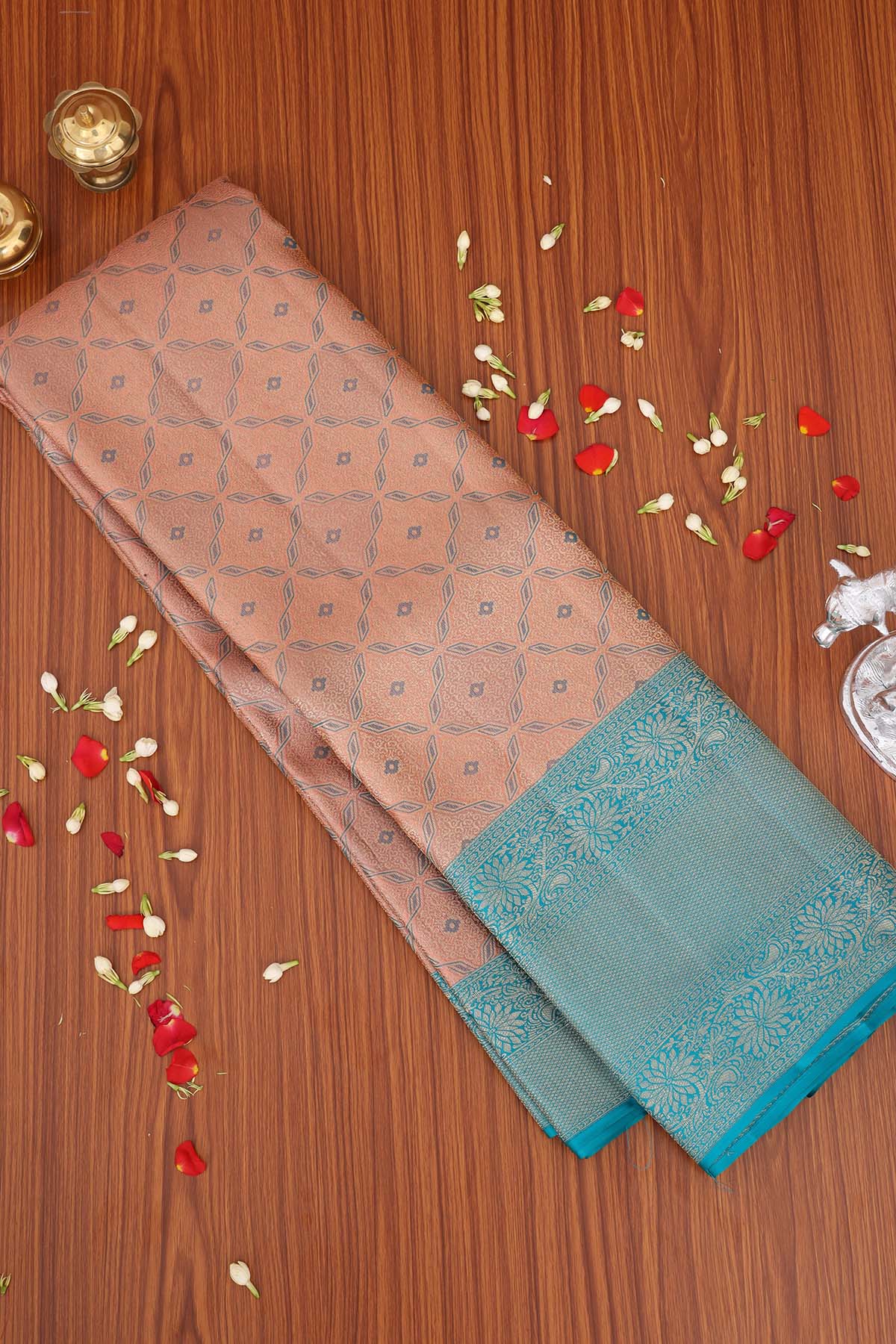 Elegant Pastel Peach & Teal Kanchipuram Soft Silk Saree