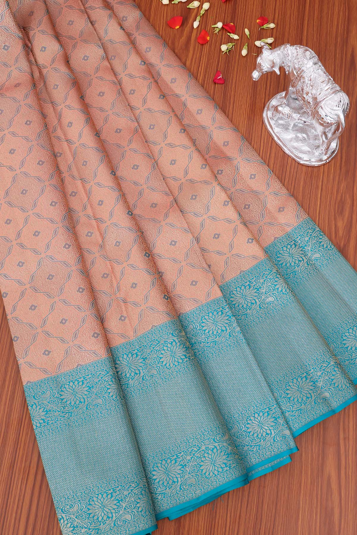Elegant Pastel Peach & Teal Kanchipuram Soft Silk Saree