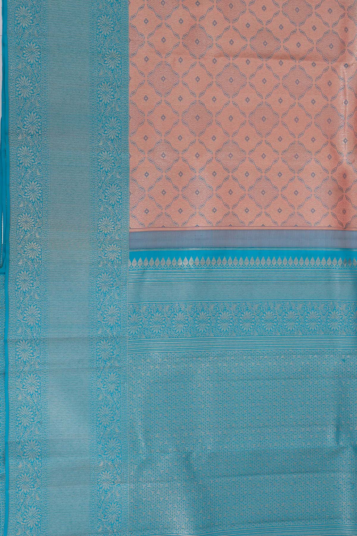 Elegant Pastel Peach & Teal Kanchipuram Soft Silk Saree