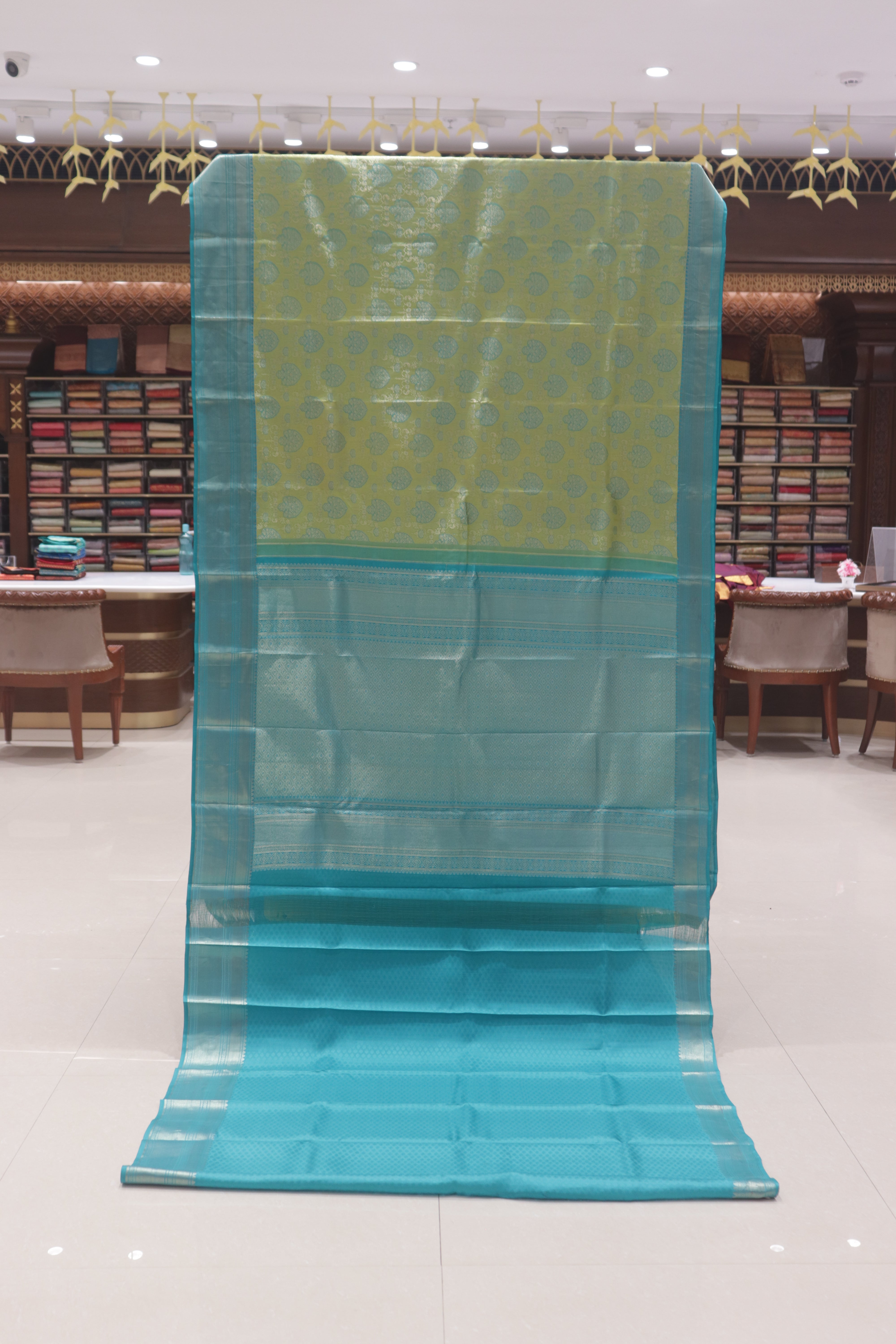 Fresh Lime Green & Aqua Blue Kanchipuram Silk Saree