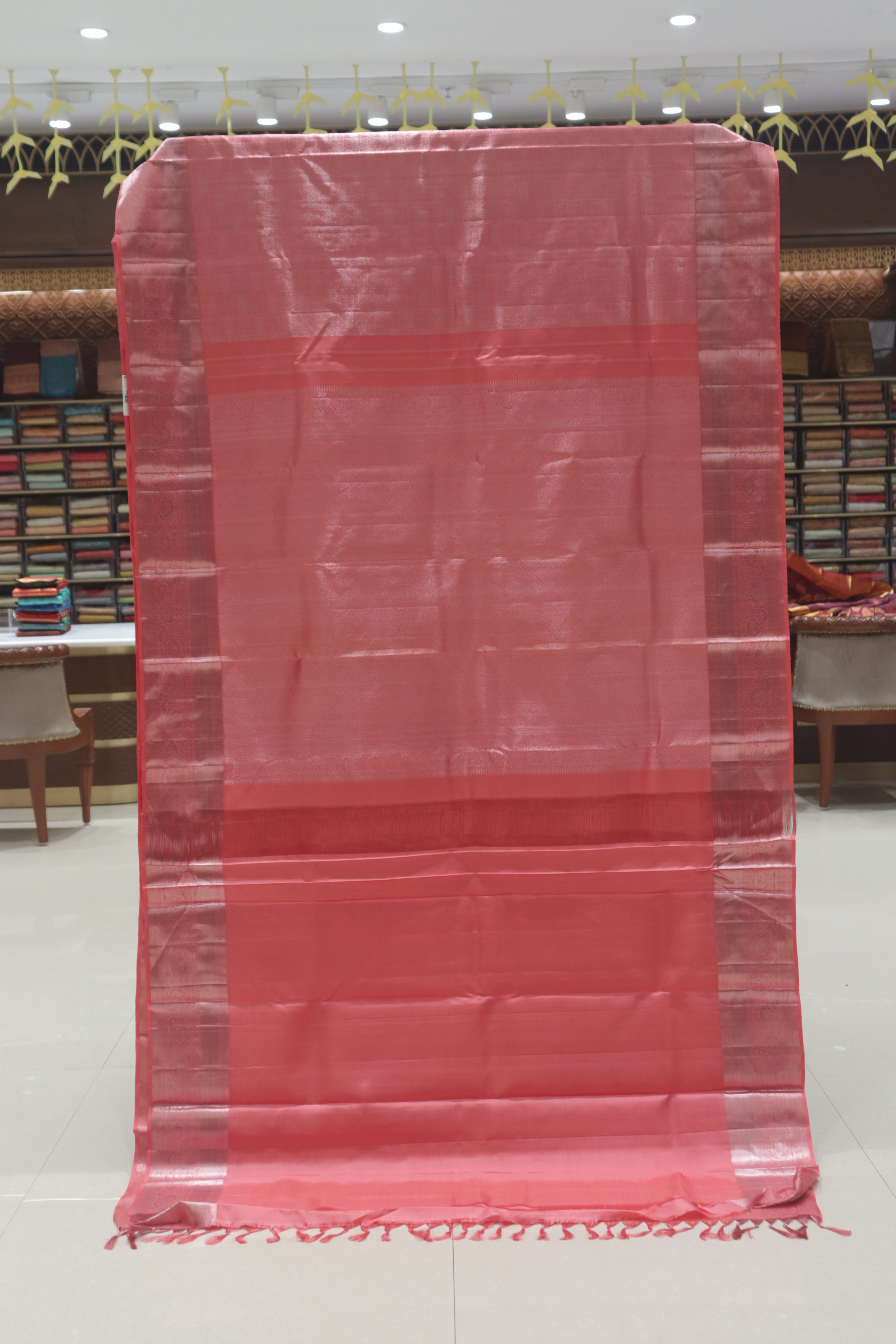 Elegant Coral Pink Kanchipuram Soft Silk Saree