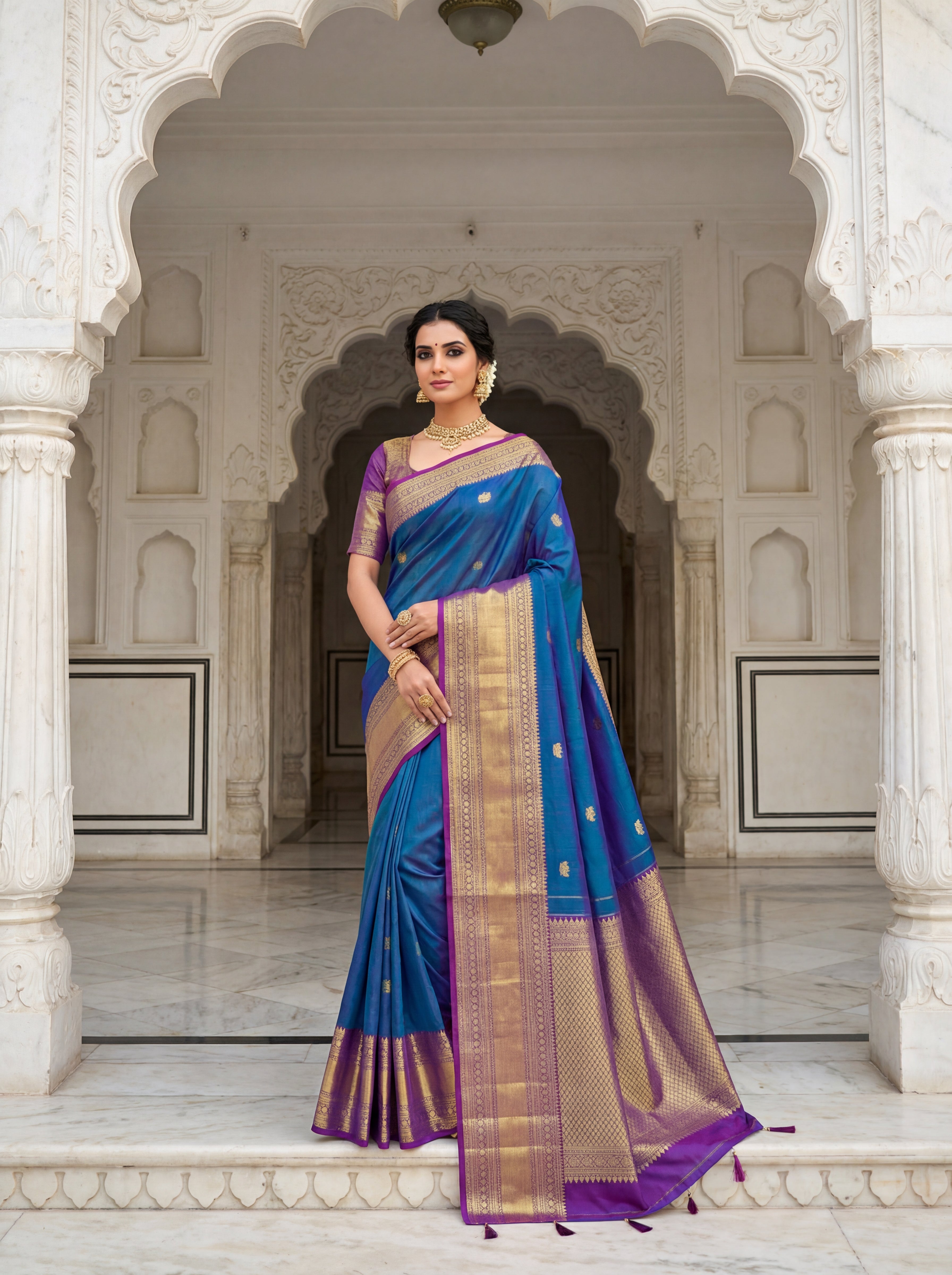 Elegant Teal Blue Kanchi Handloom Saree