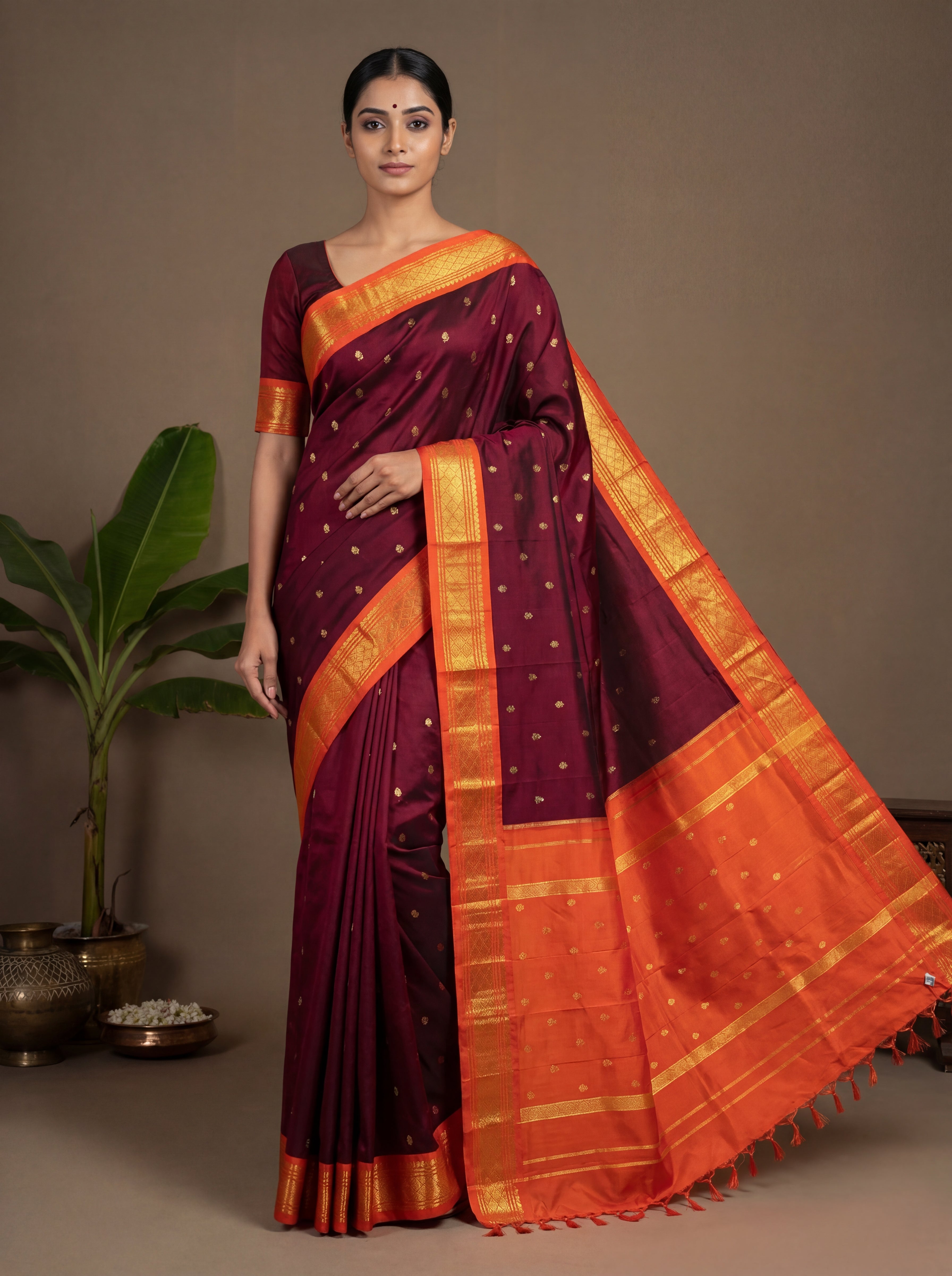 Traditional Marron Putta Saree Pure Silk