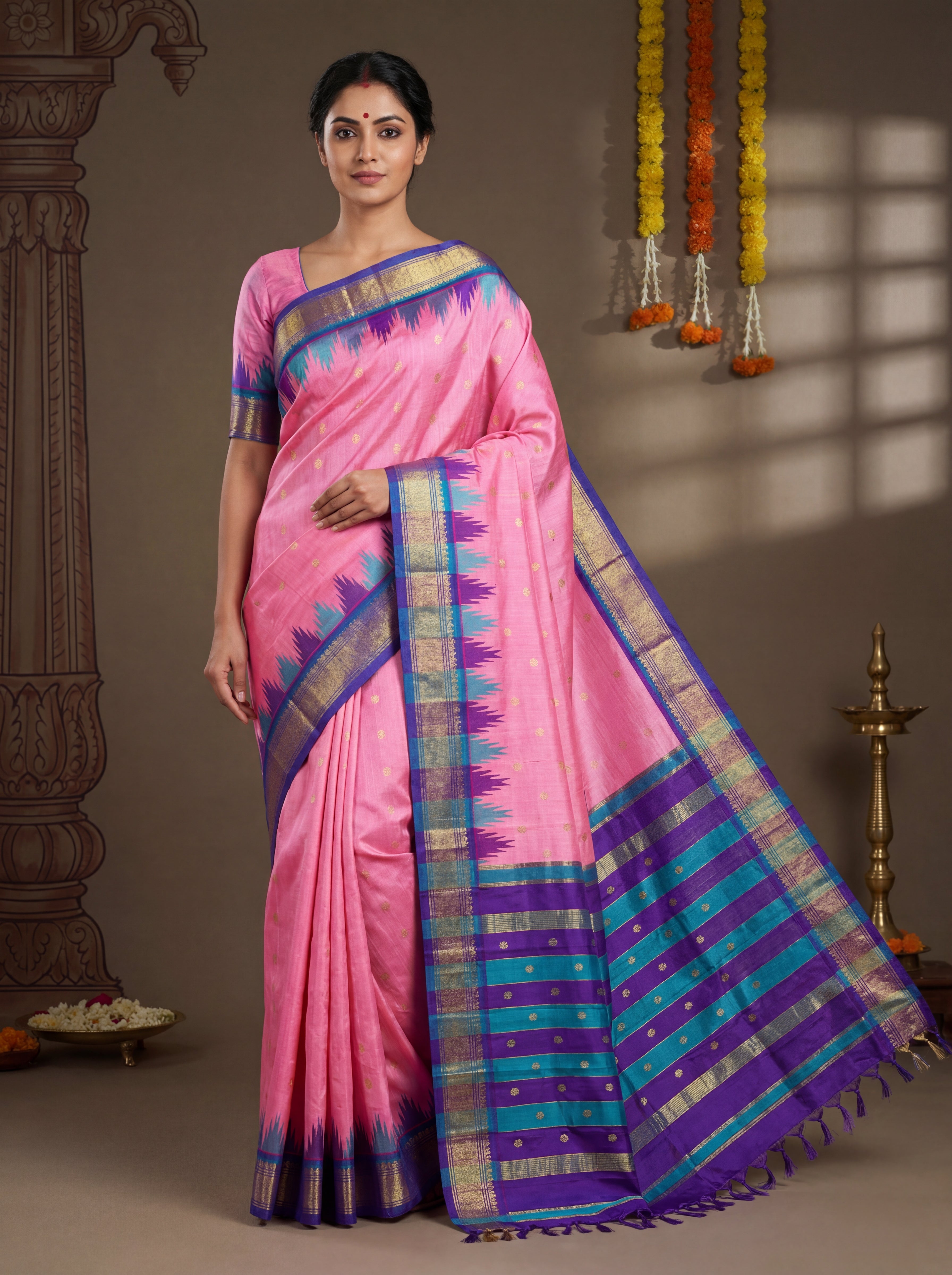 Traditional Pink Putta Saree Pure Silk