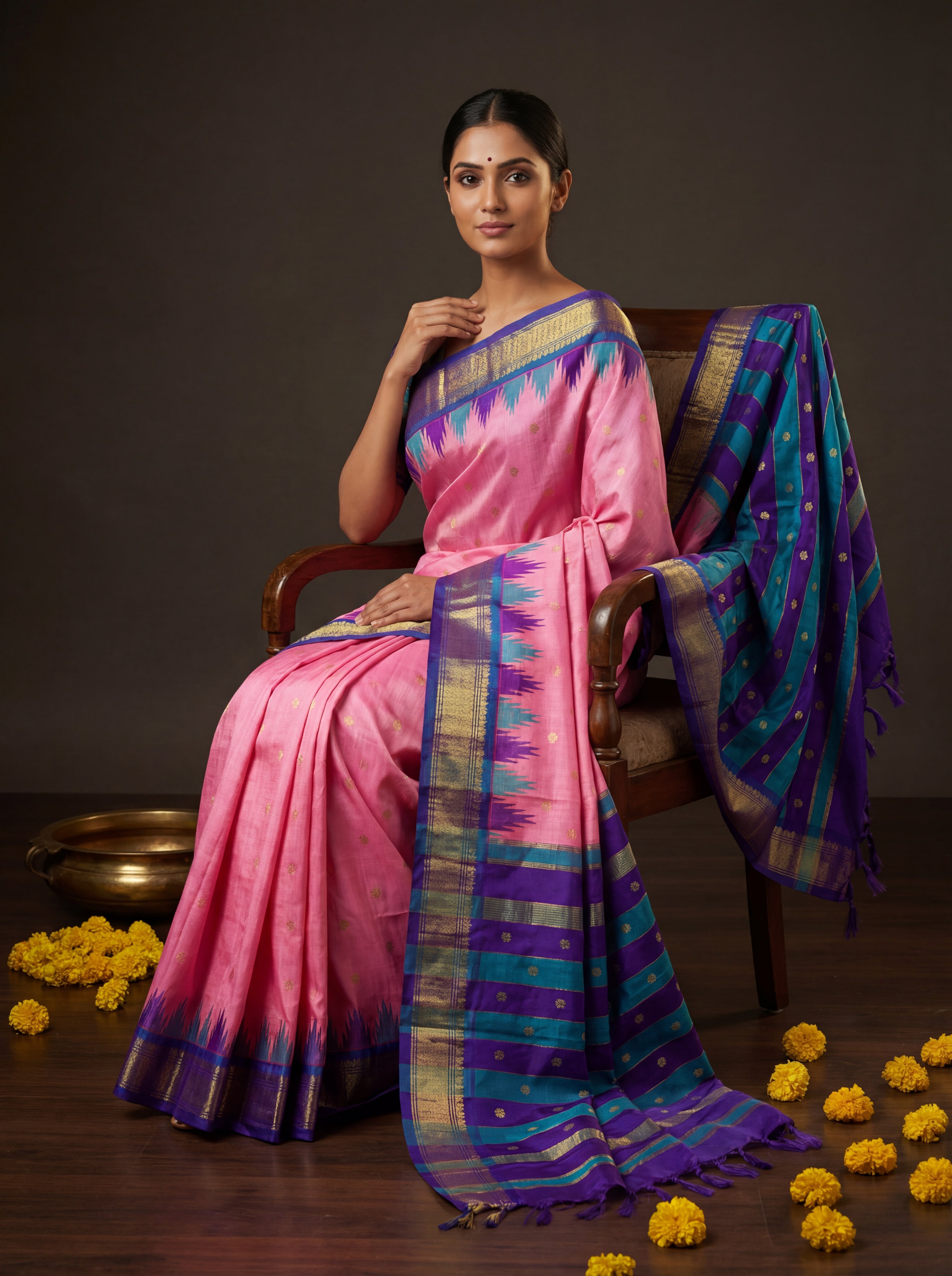 Traditional Pink Putta Saree Pure Silk