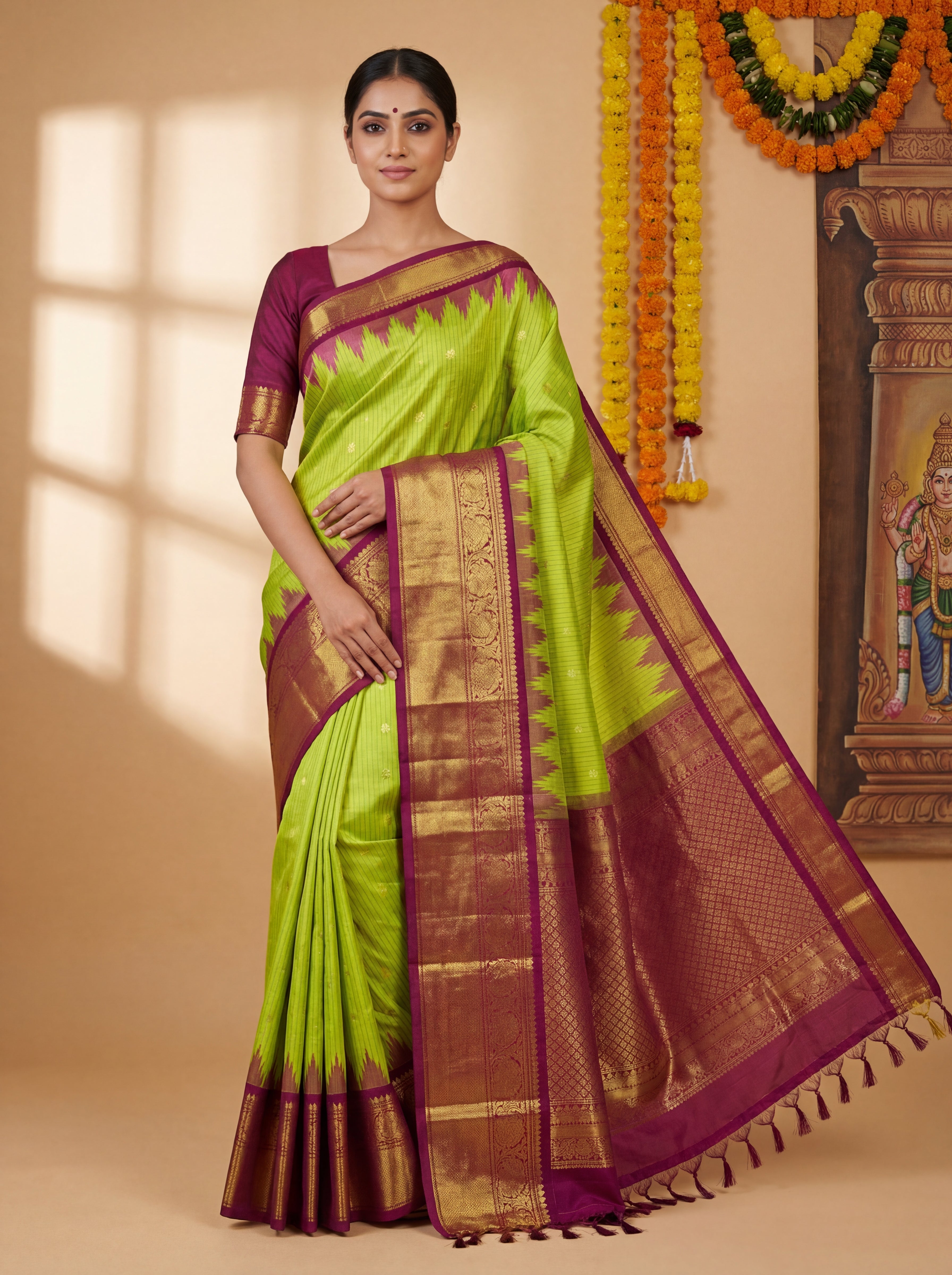 Traditional Parrot Green Putta Saree Pure Silk