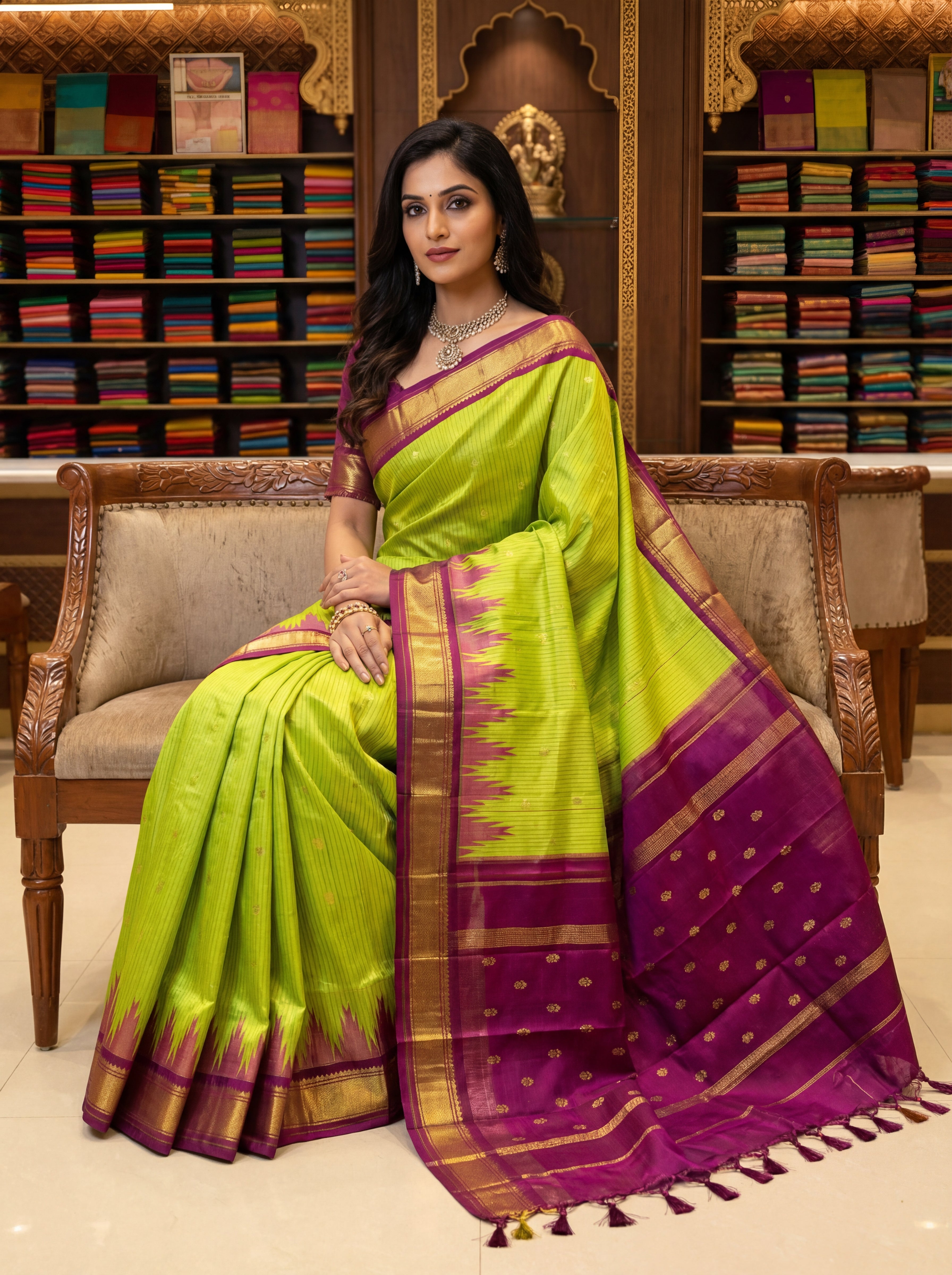 Traditional Parrot Green Putta Saree Pure Silk