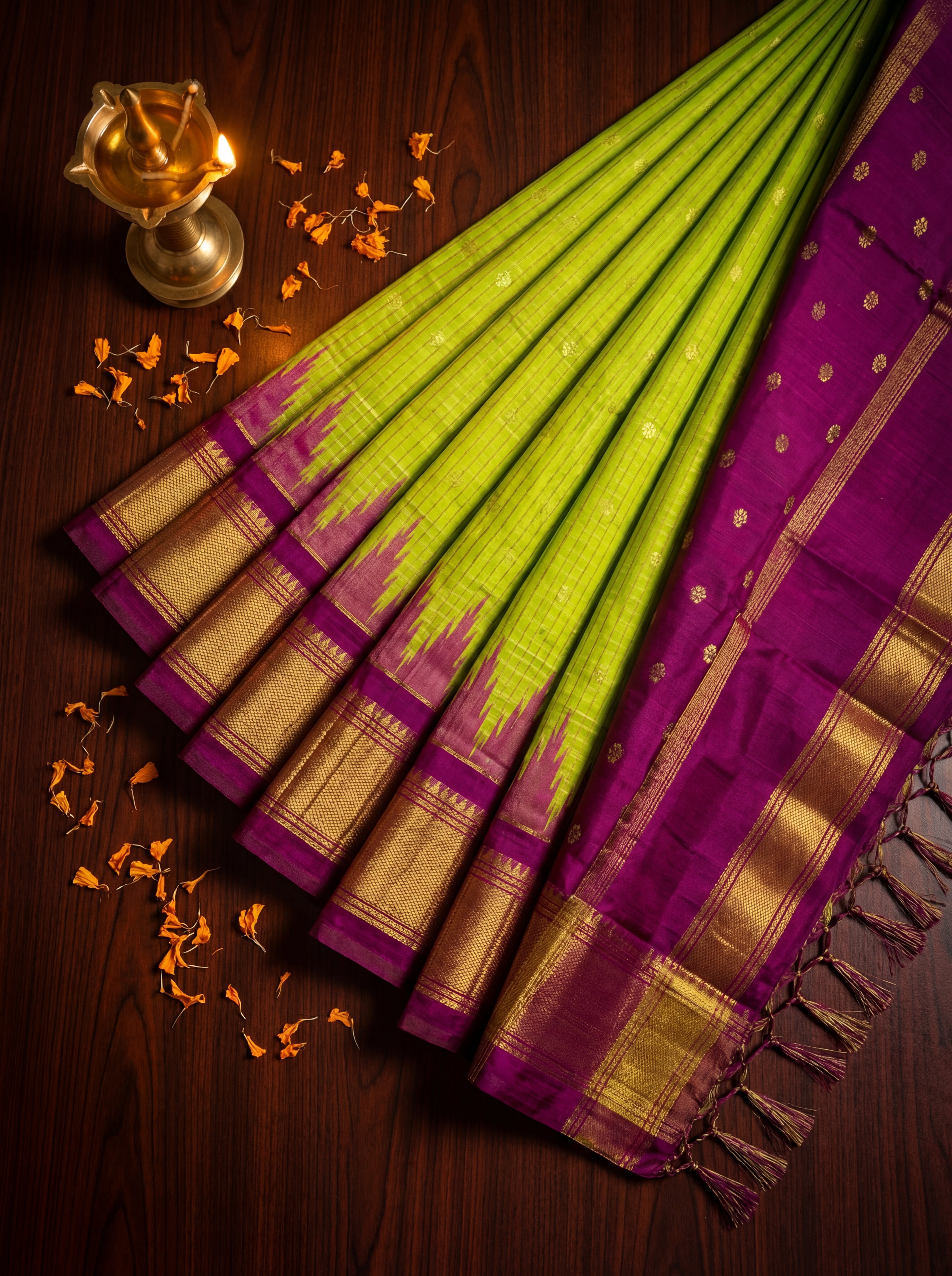 Traditional Parrot Green Putta Saree Pure Silk