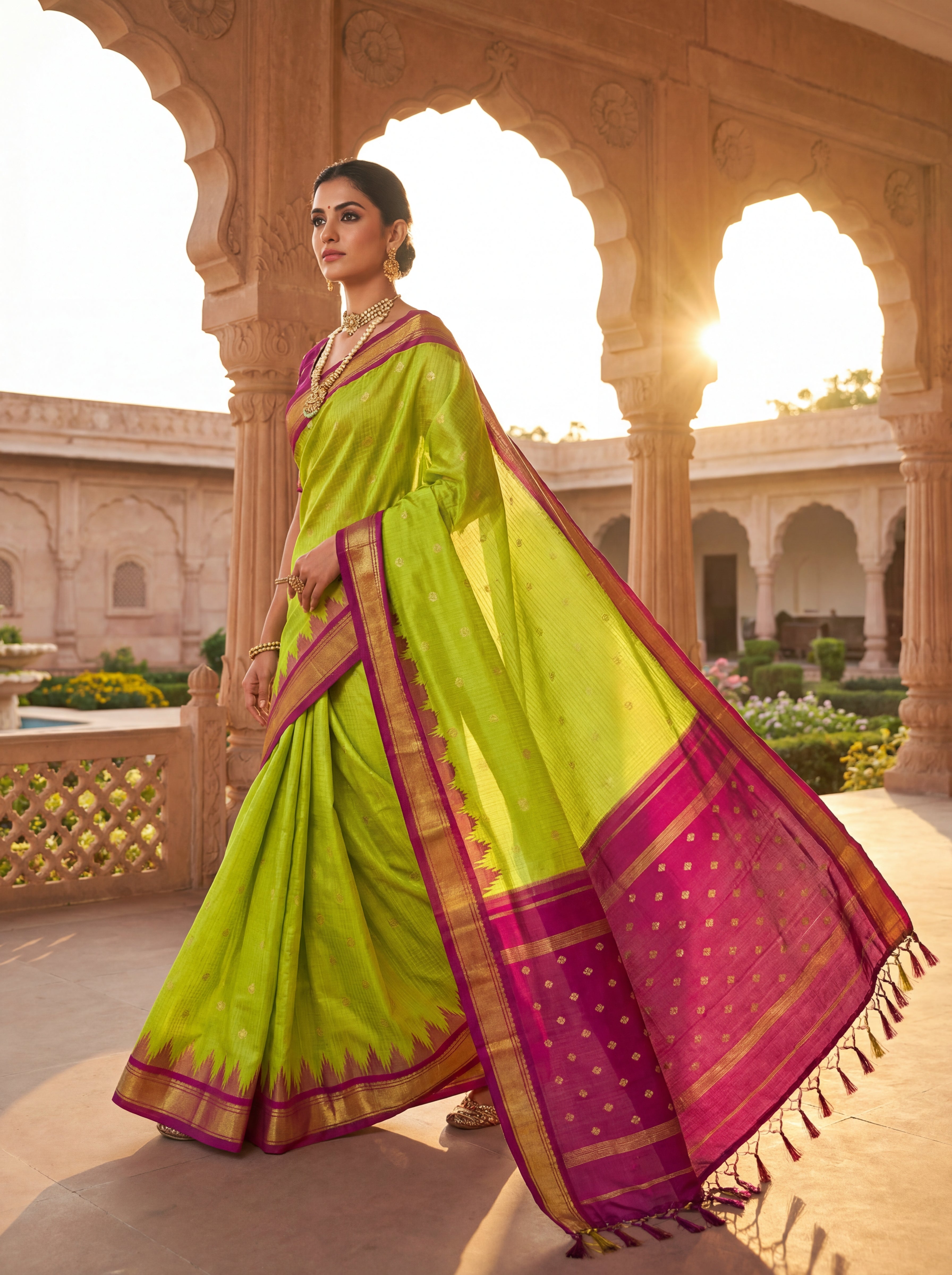 Traditional Parrot Green Putta Saree Pure Silk