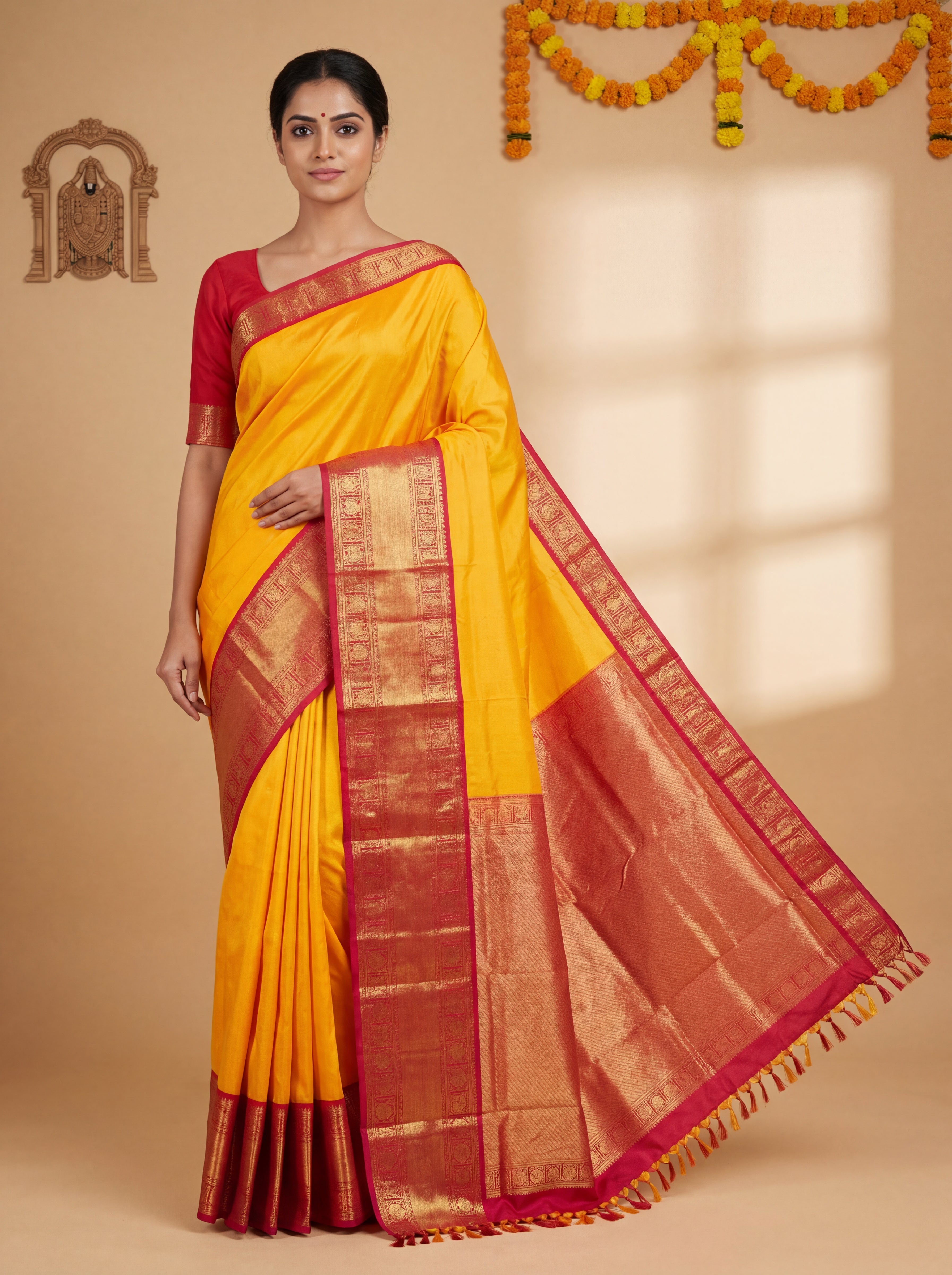 Bright Turmeric Yellow Kanchi Handloom Saree