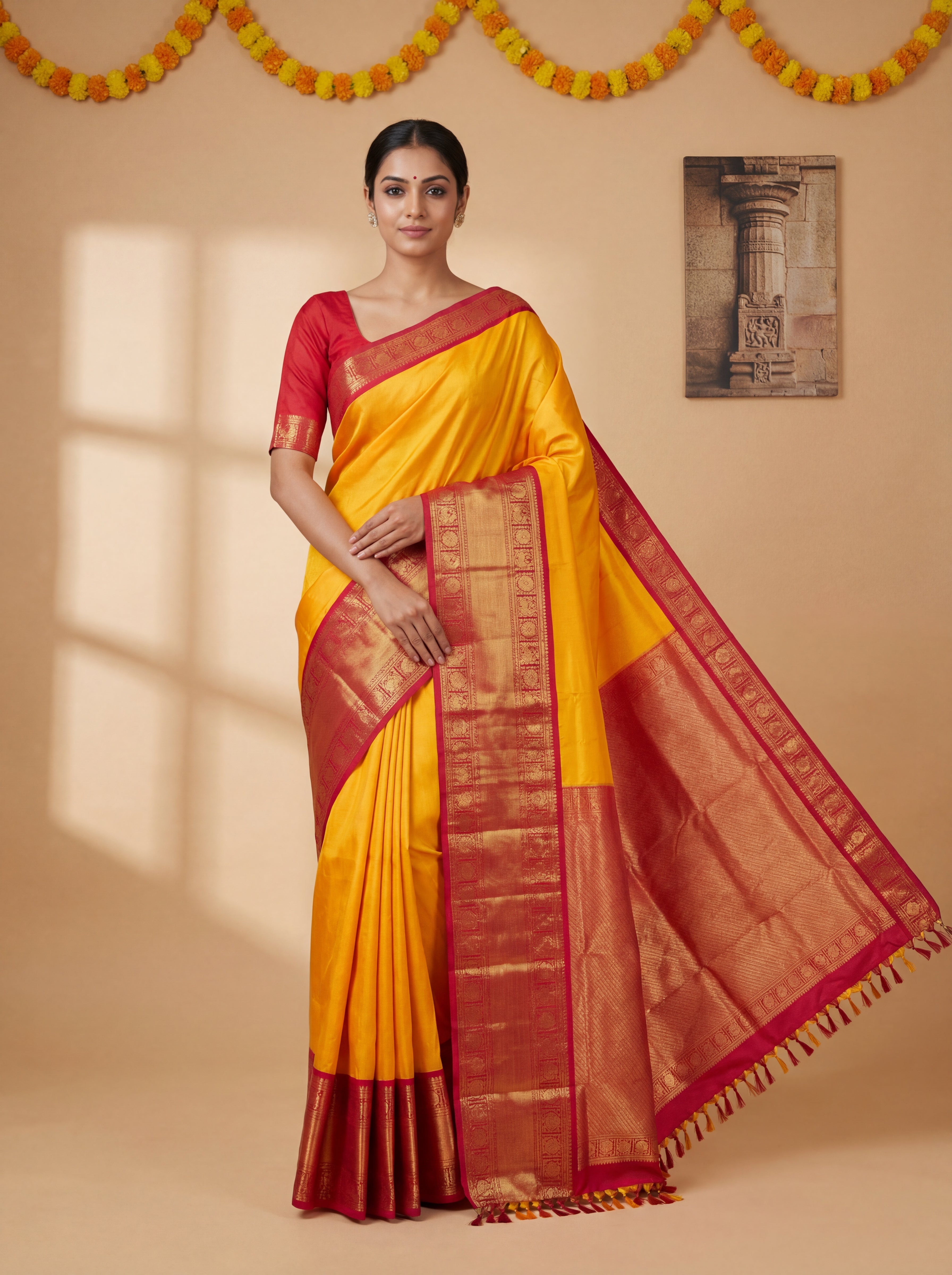 Bright Turmeric Yellow Kanchi Handloom Saree