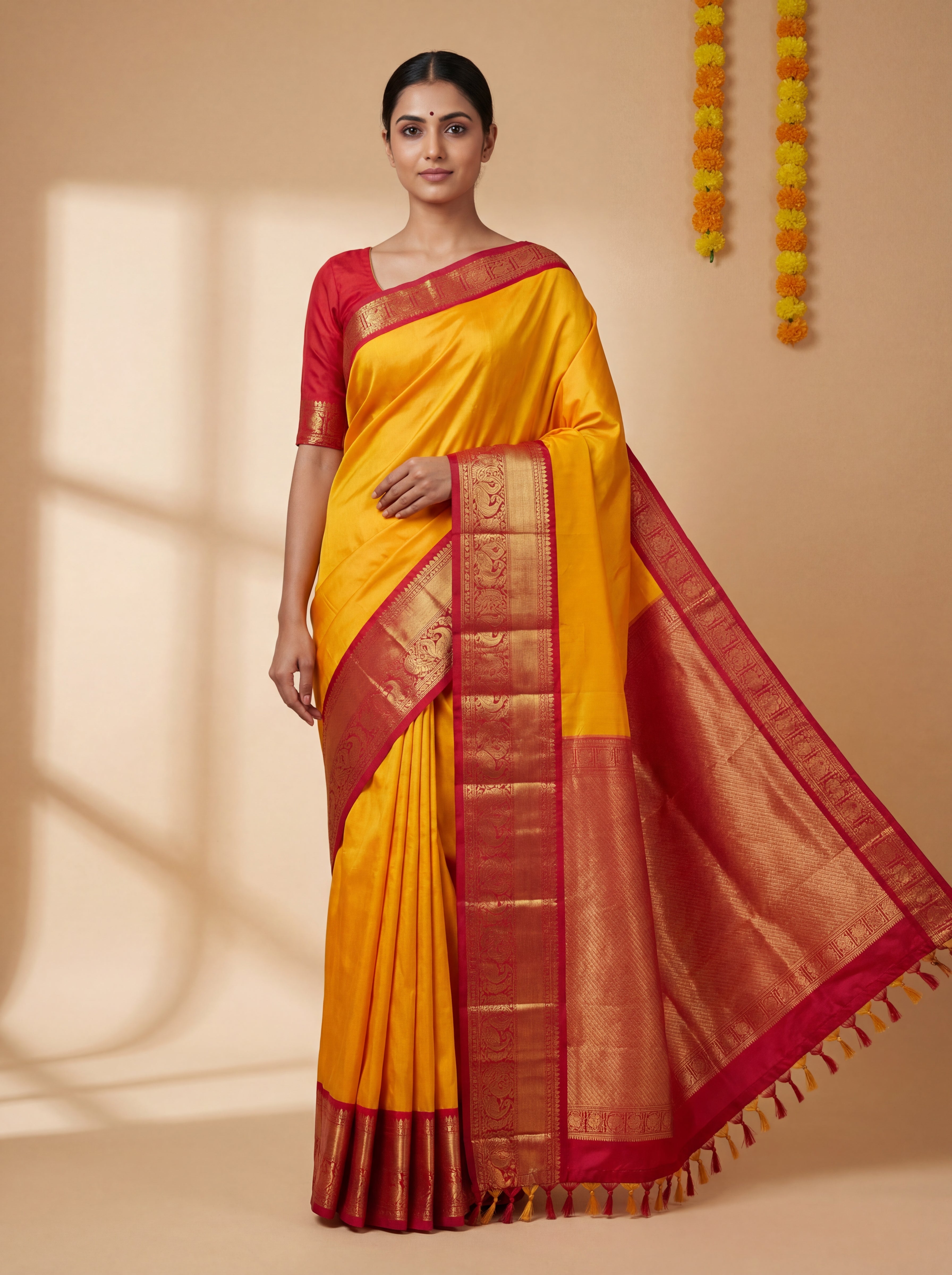 Bright Turmeric Yellow Kanchi Handloom Saree