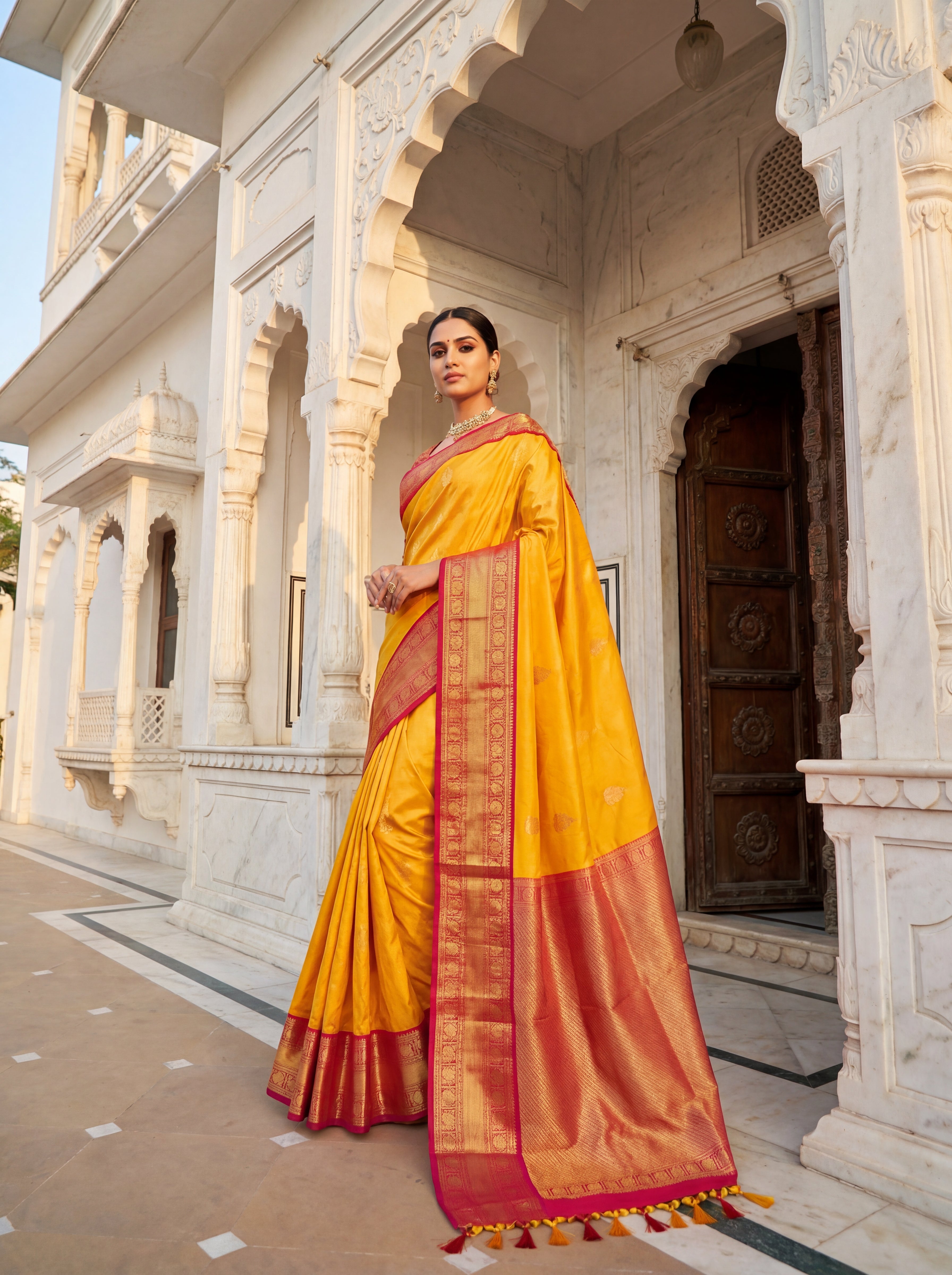 Bright Turmeric Yellow Kanchi Handloom Saree