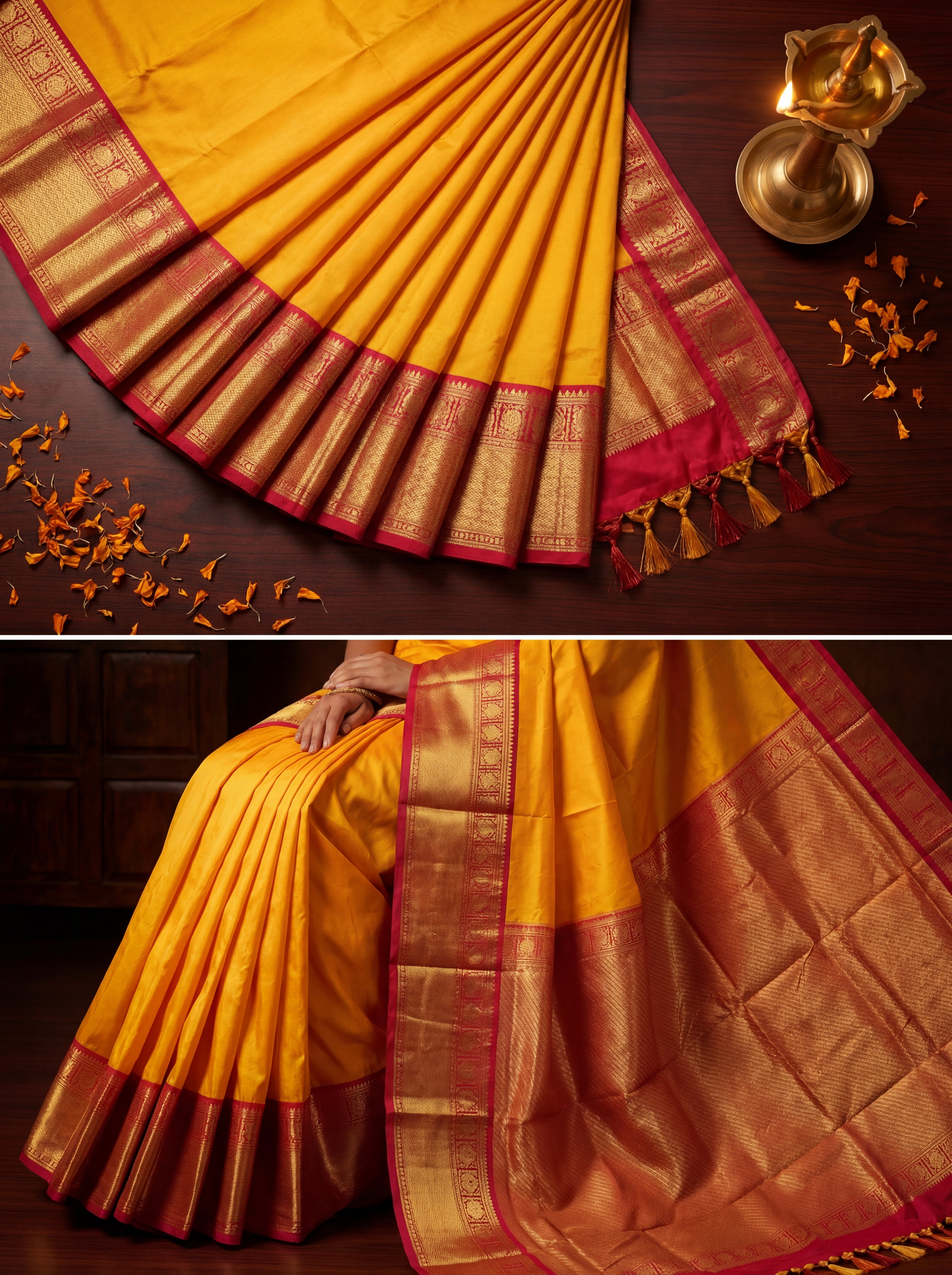 Bright Turmeric Yellow Kanchi Handloom Saree