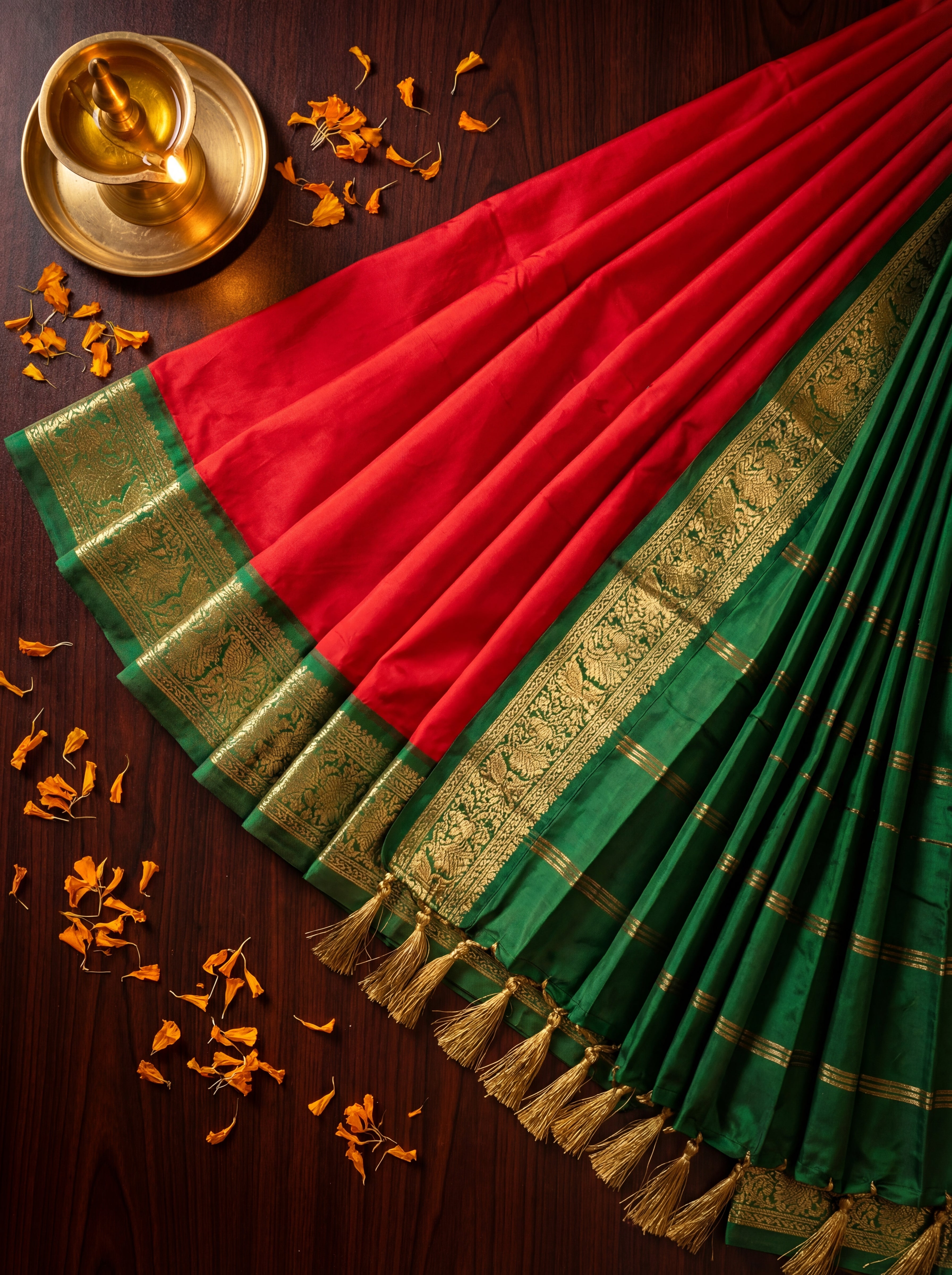 Classic Red And Bottle Green Kanchi Handloom Saree