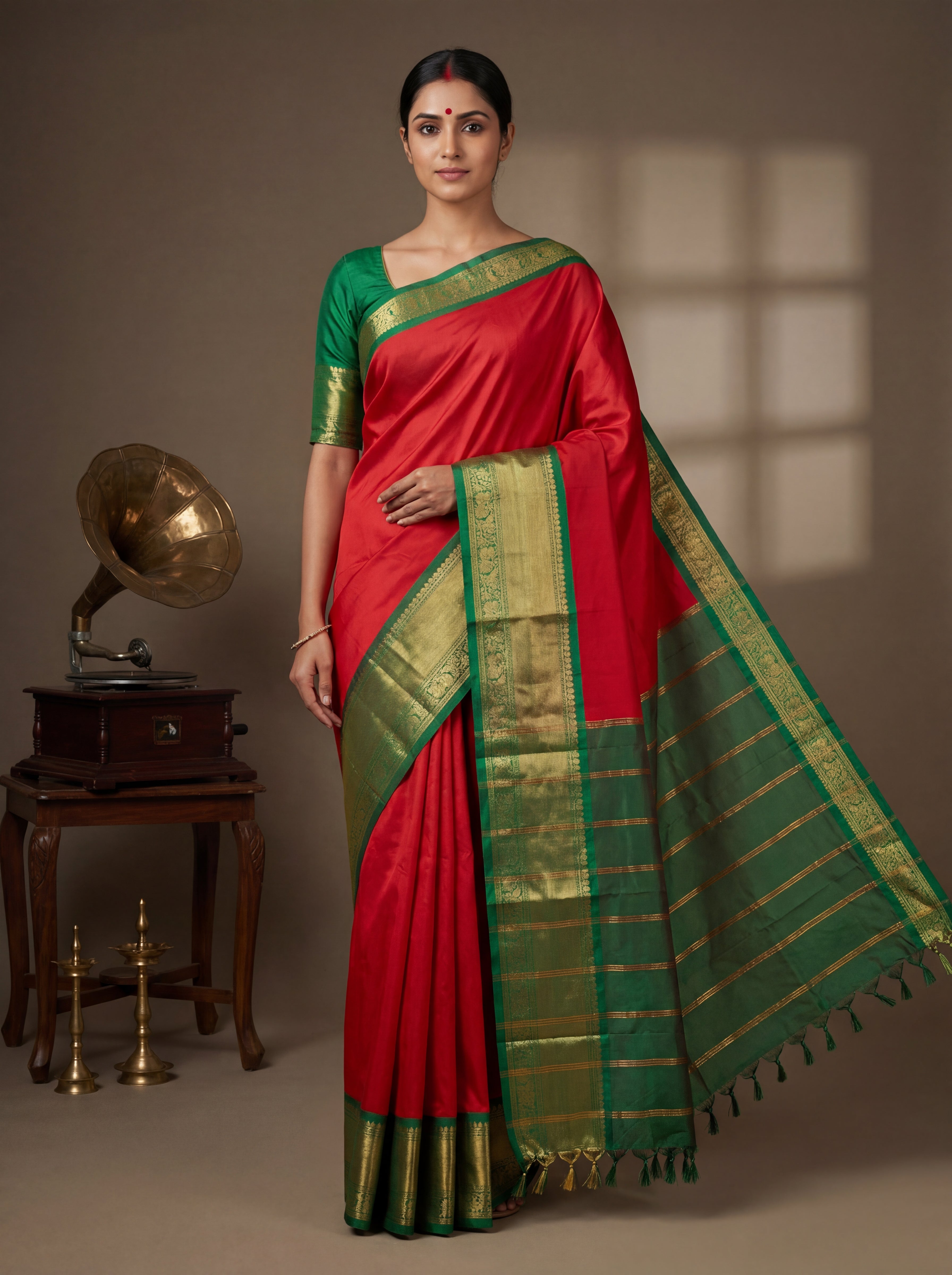 Classic Red And Bottle Green Kanchi Handloom Saree