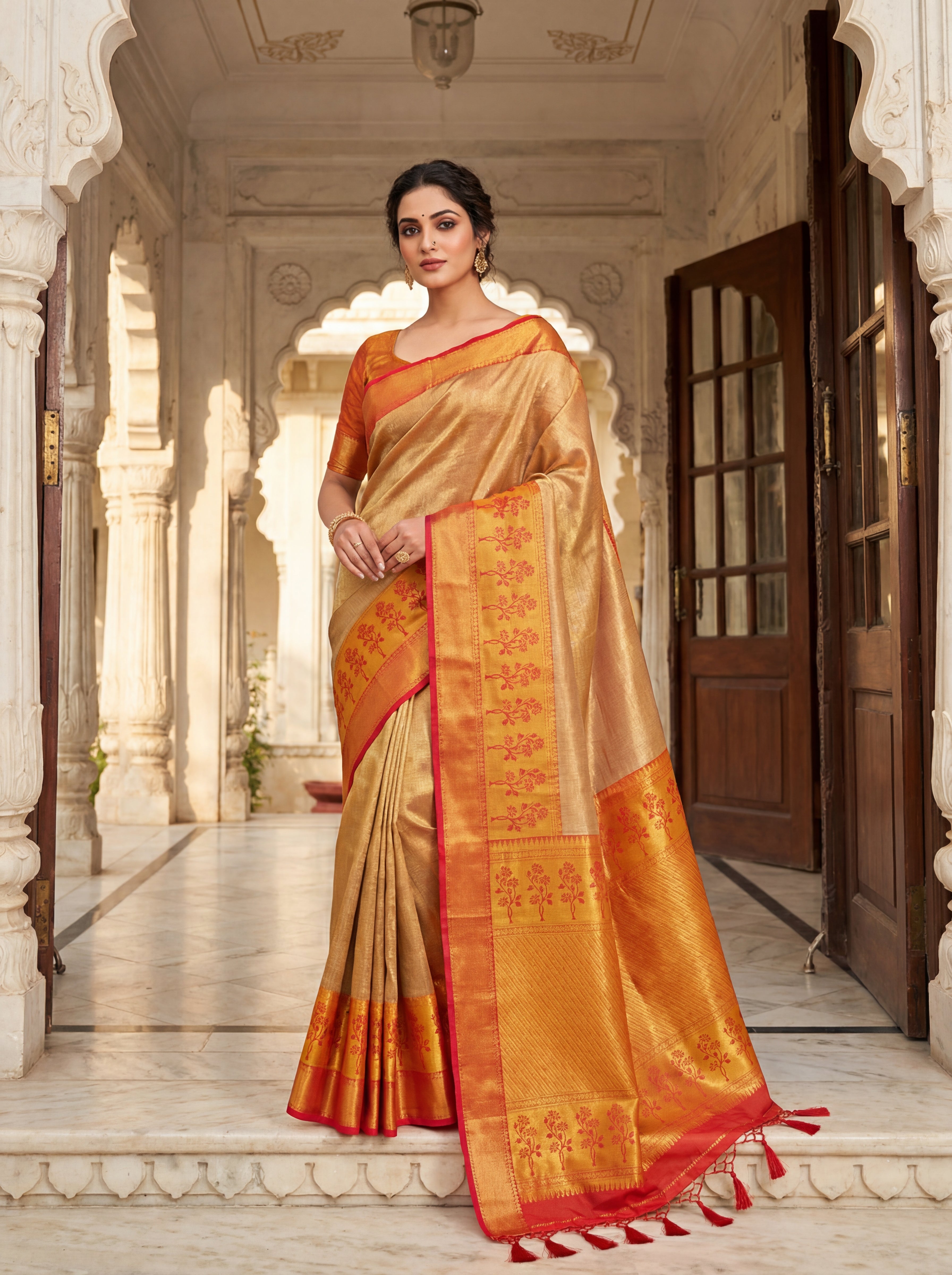 Golden Mustard Tissue Silk Saree with Floral Border Motifs & Contrast Orange Selvedge – Traditional Festive Weave