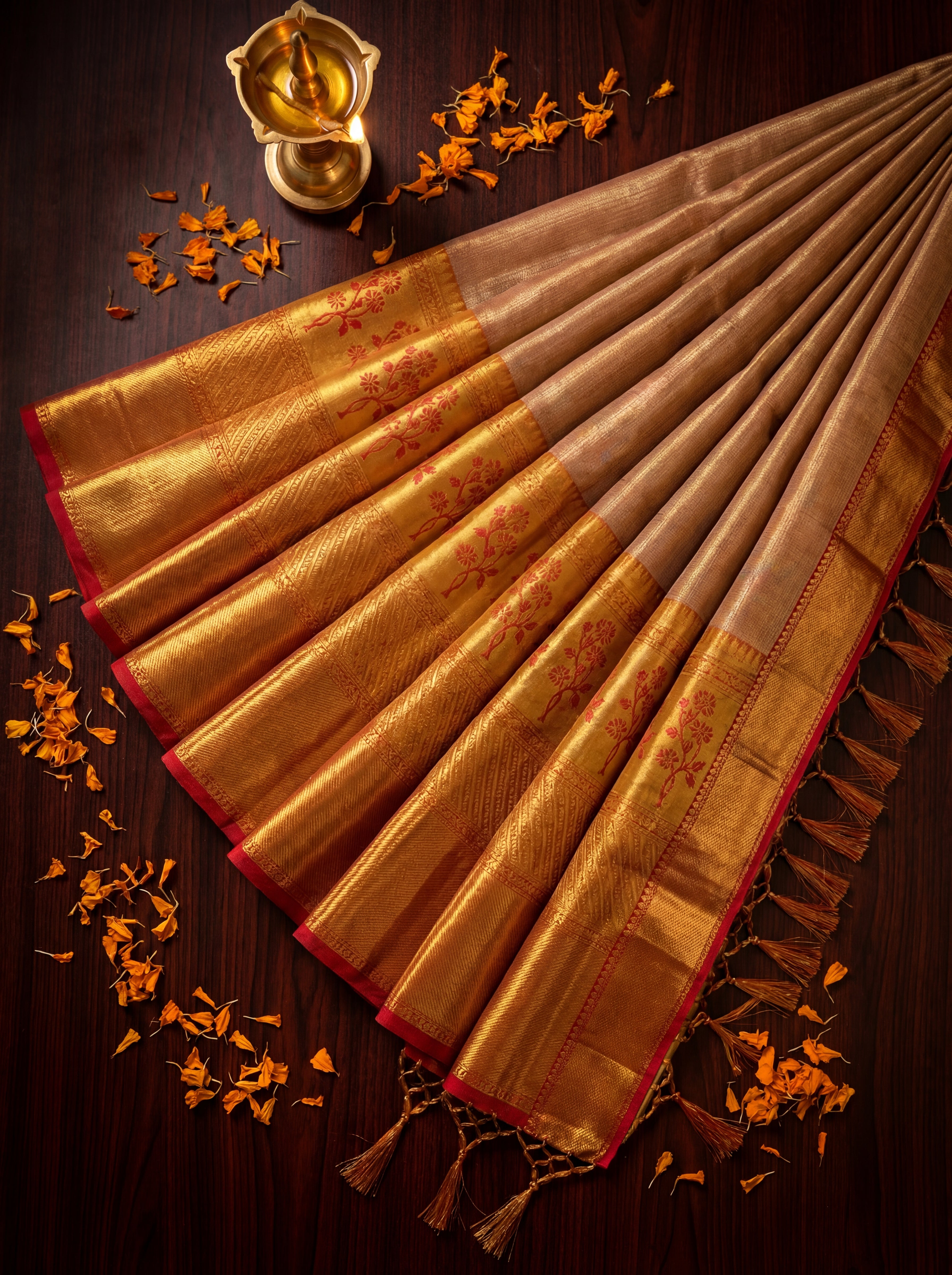 Golden Mustard Tissue Silk Saree with Floral Border Motifs & Contrast Orange Selvedge – Traditional Festive Weave