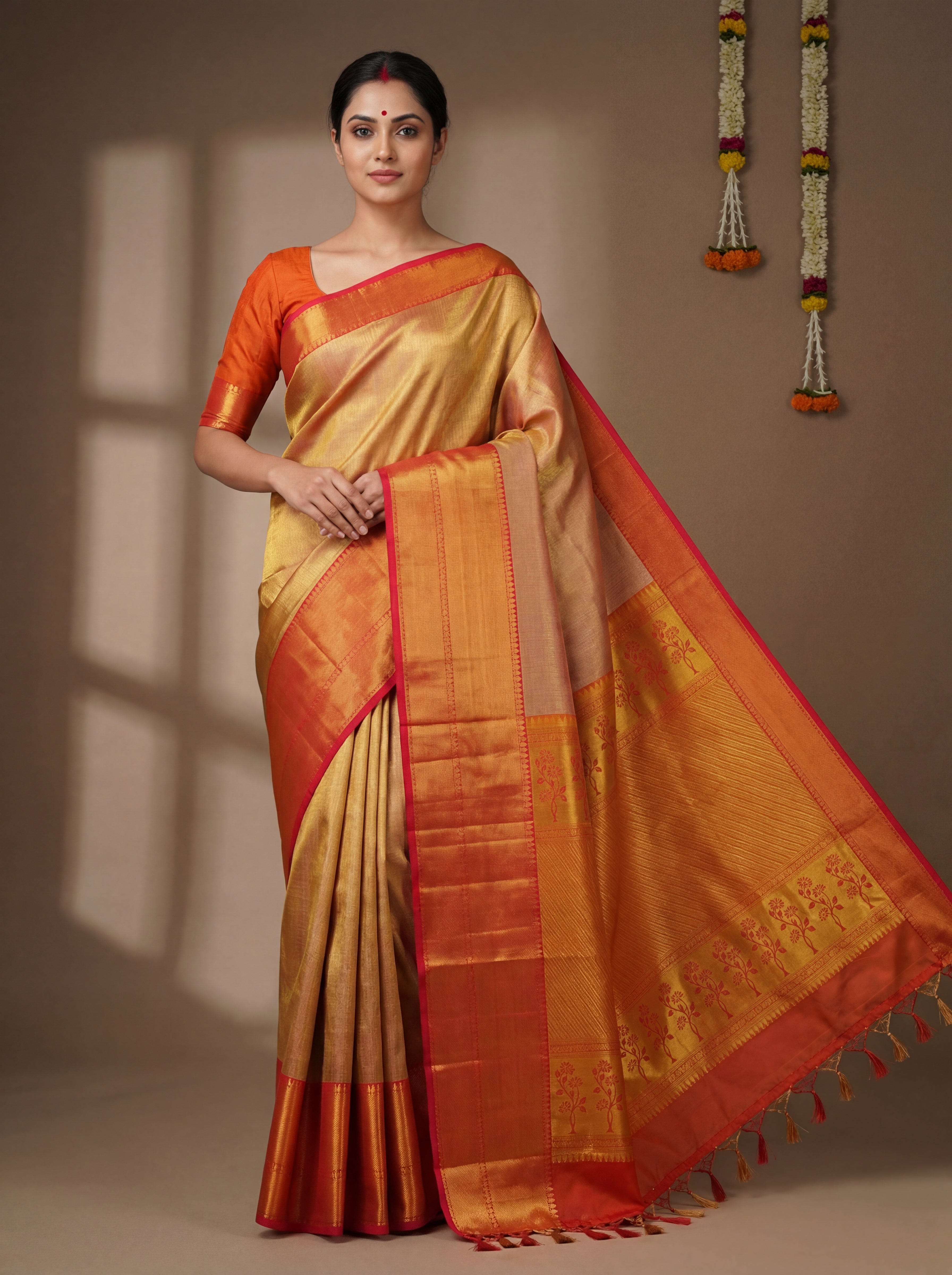 Golden Mustard Tissue Silk Saree with Floral Border Motifs & Contrast Orange Selvedge – Traditional Festive Weave