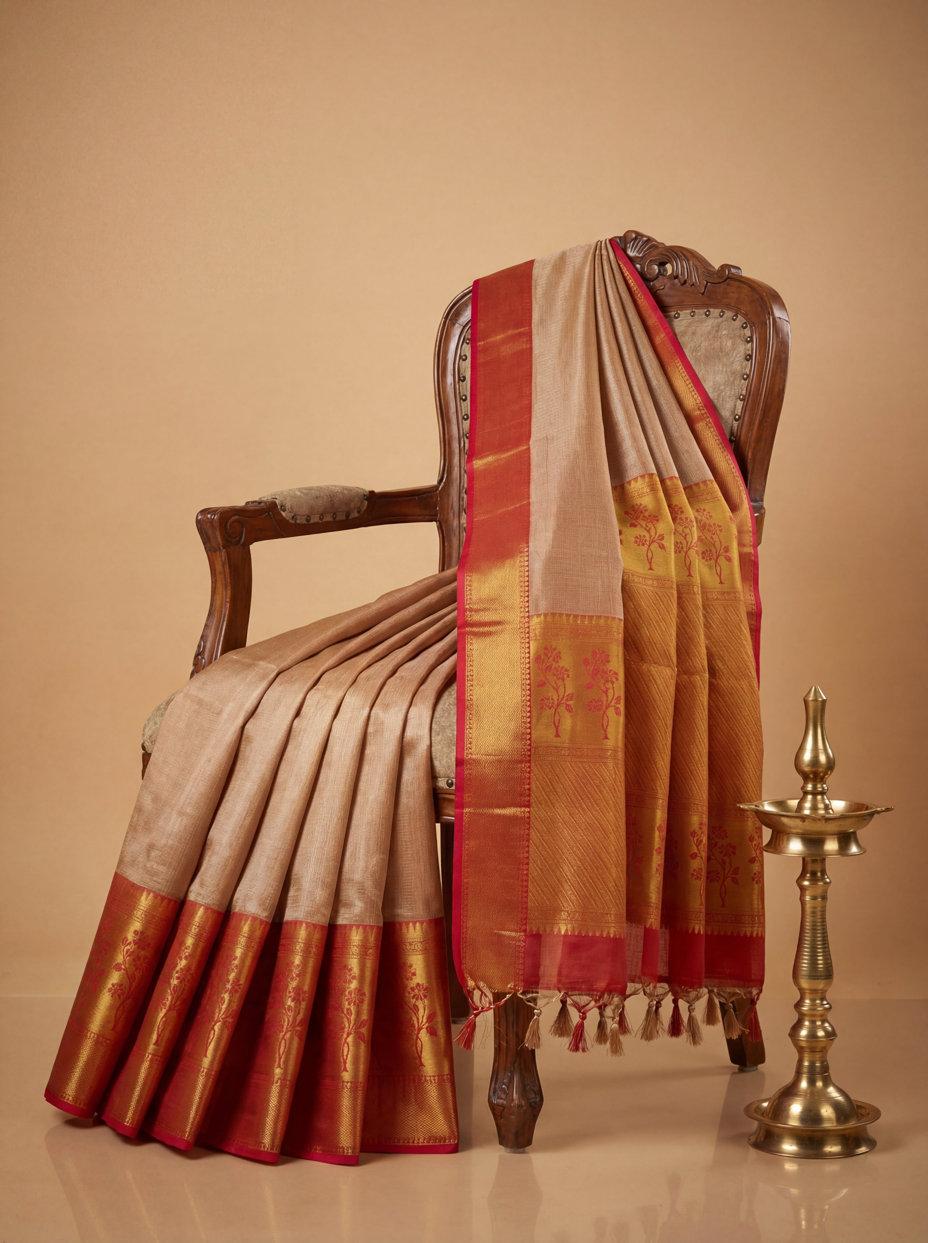 Golden Mustard Tissue Silk Saree with Floral Border Motifs & Contrast Orange Selvedge – Traditional Festive Weave