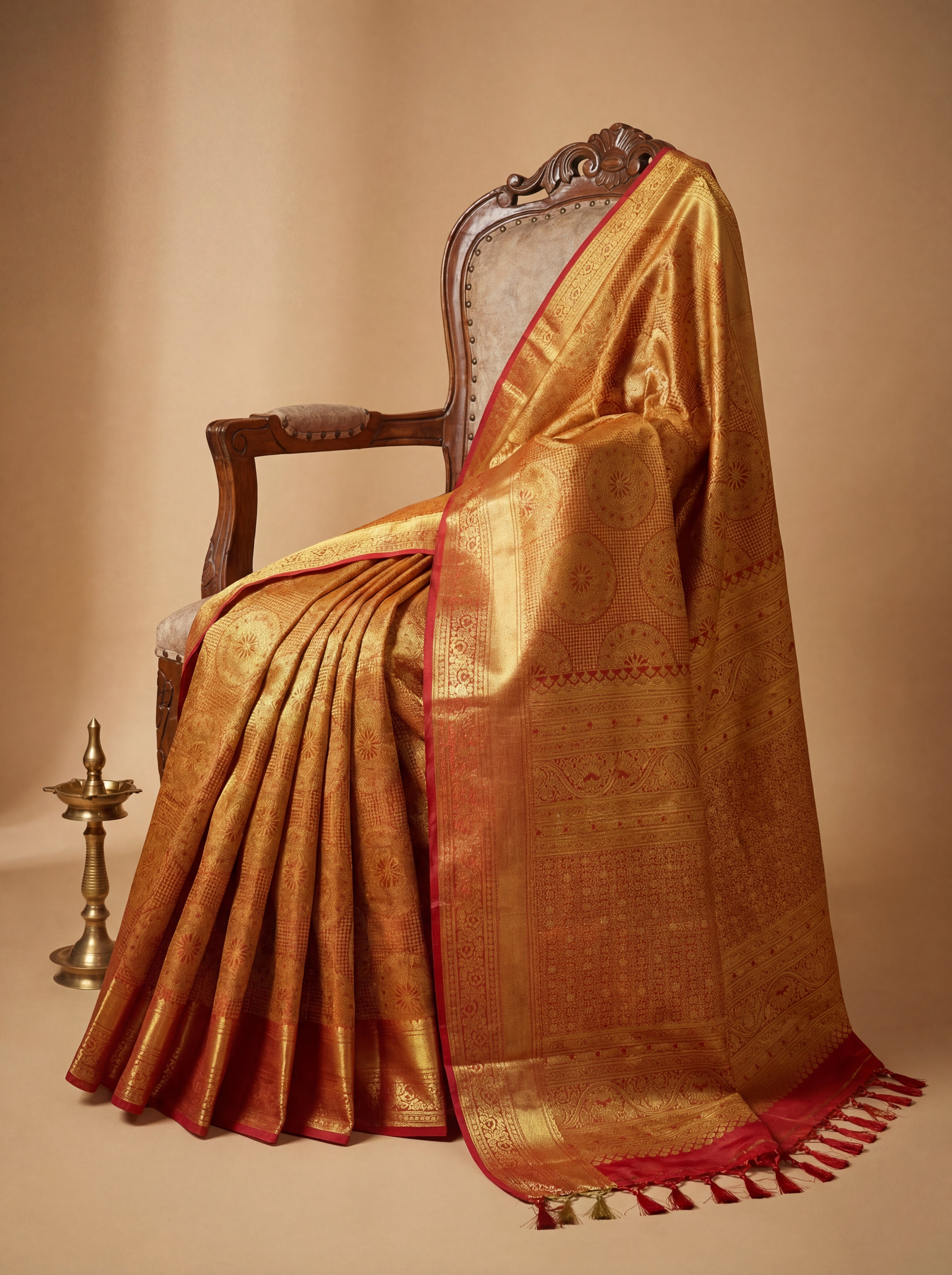 Rich Mustard Gold Tissue Silk Saree with Circular Butta Motifs & Ornate Zari Weave – Contrast Coral Red Border