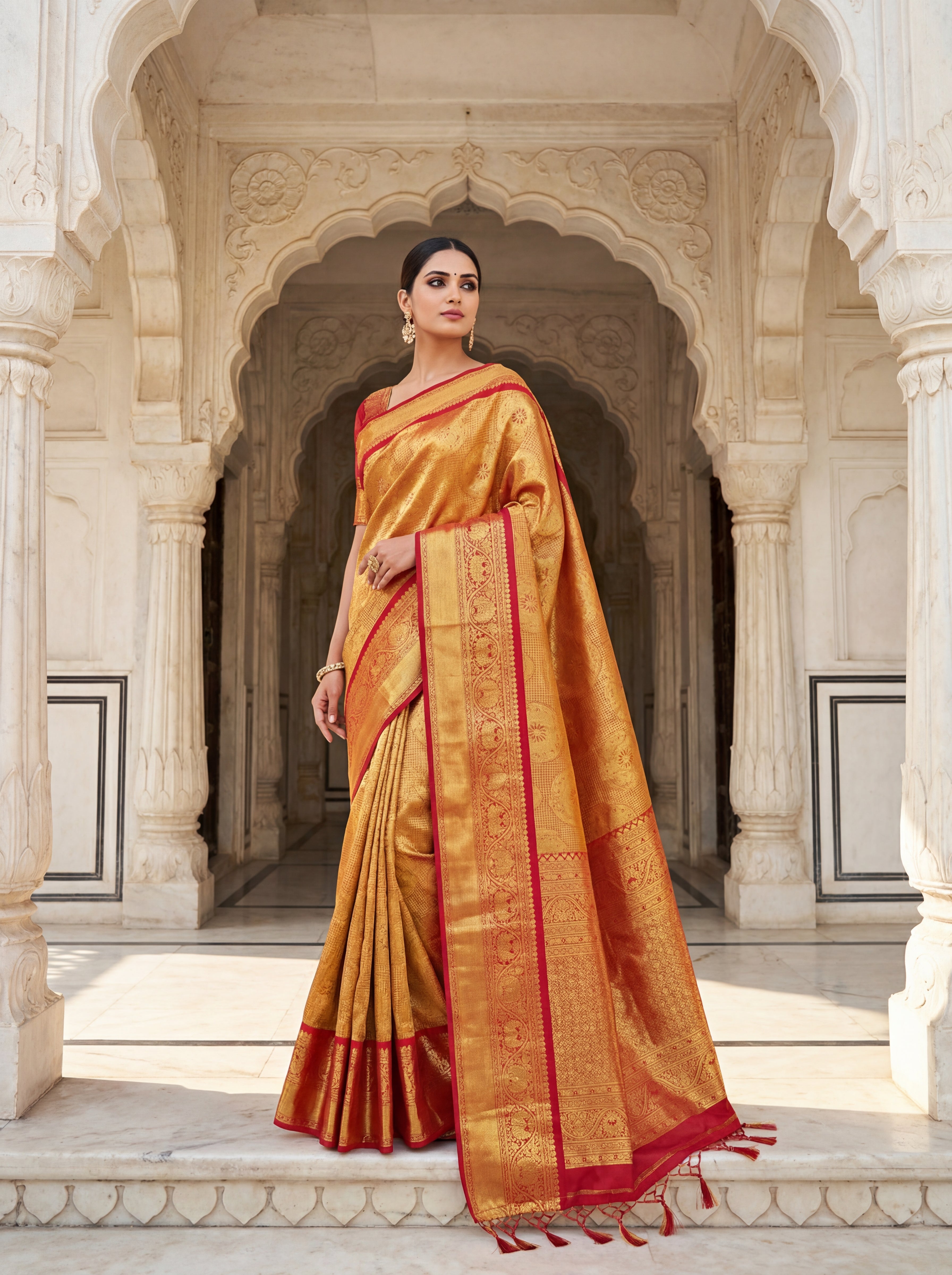 Rich Mustard Gold Tissue Silk Saree with Circular Butta Motifs & Ornate Zari Weave – Contrast Coral Red Border