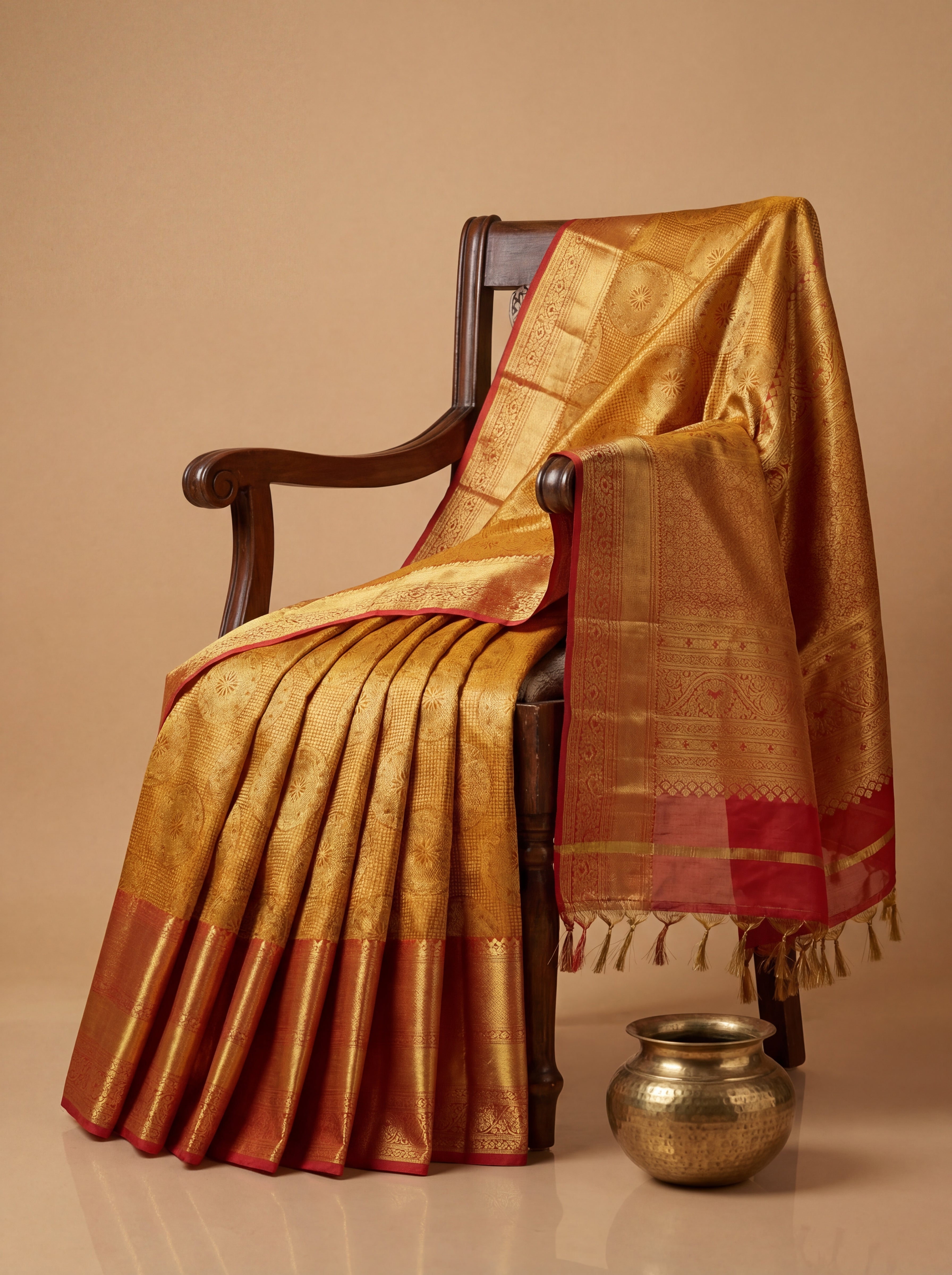 Rich Mustard Gold Tissue Silk Saree with Circular Butta Motifs & Ornate Zari Weave – Contrast Coral Red Border