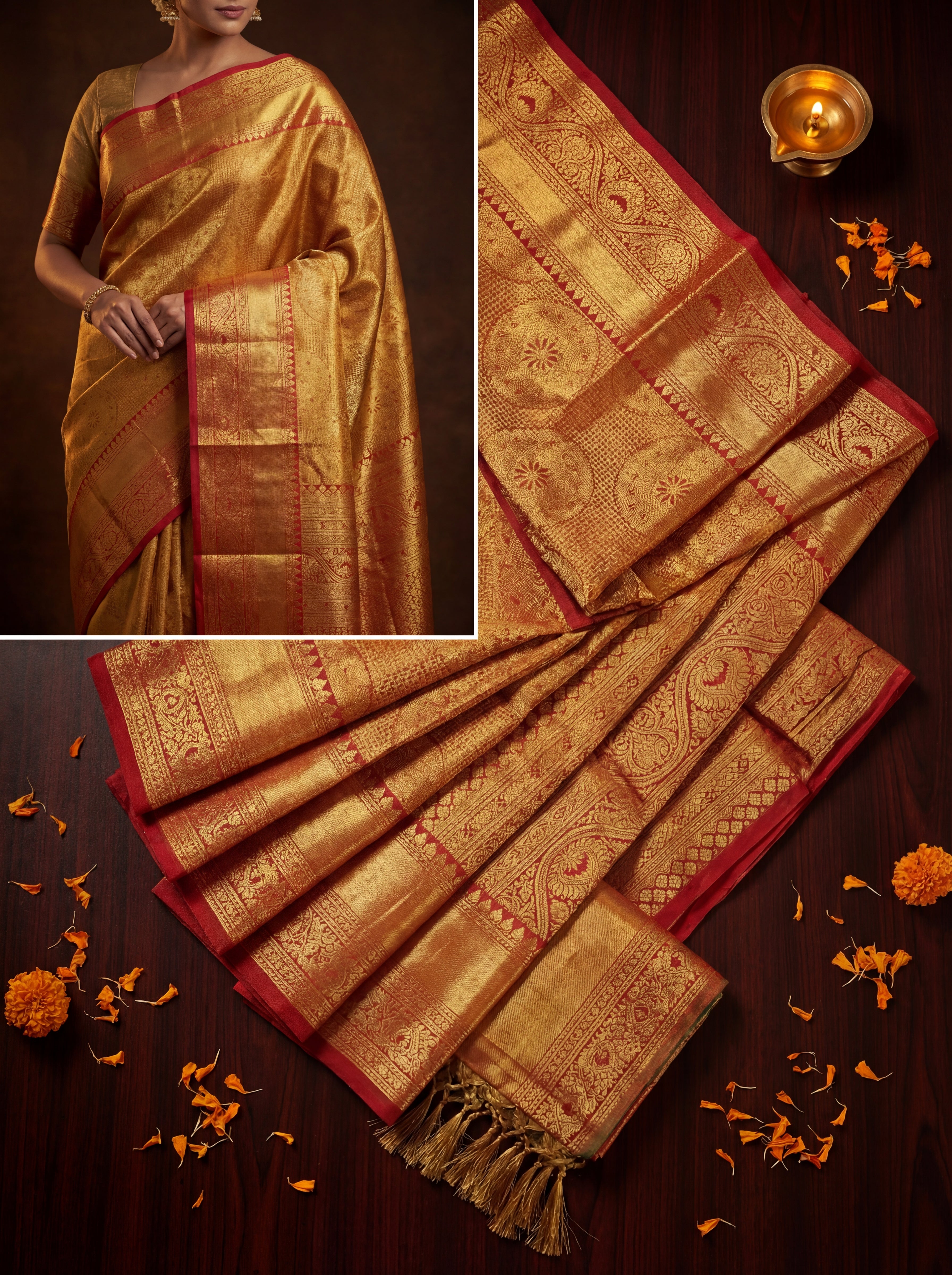 Rich Mustard Gold Tissue Silk Saree with Circular Butta Motifs & Ornate Zari Weave – Contrast Coral Red Border