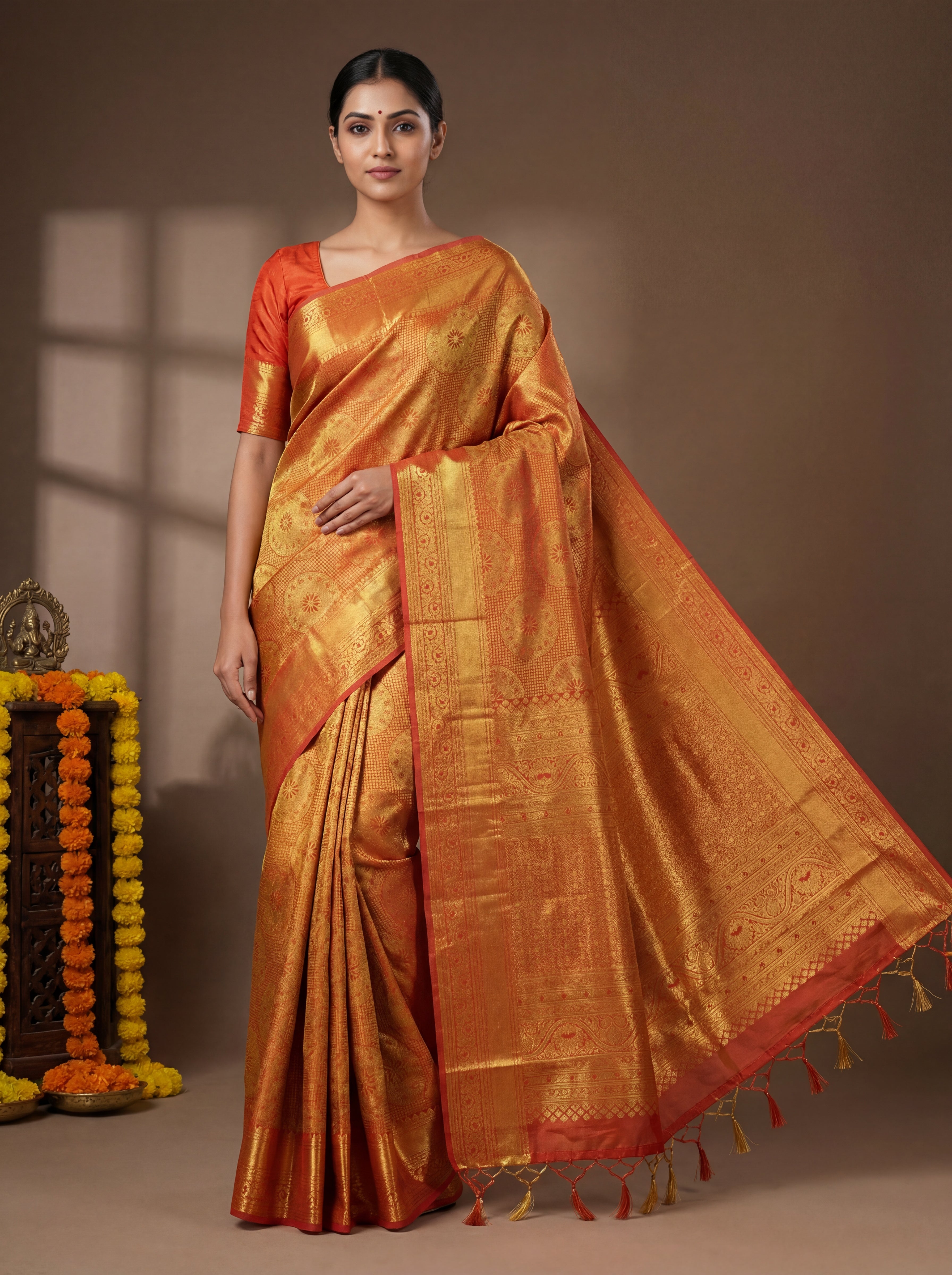 Rich Mustard Gold Tissue Silk Saree with Circular Butta Motifs & Ornate Zari Weave – Contrast Coral Red Border