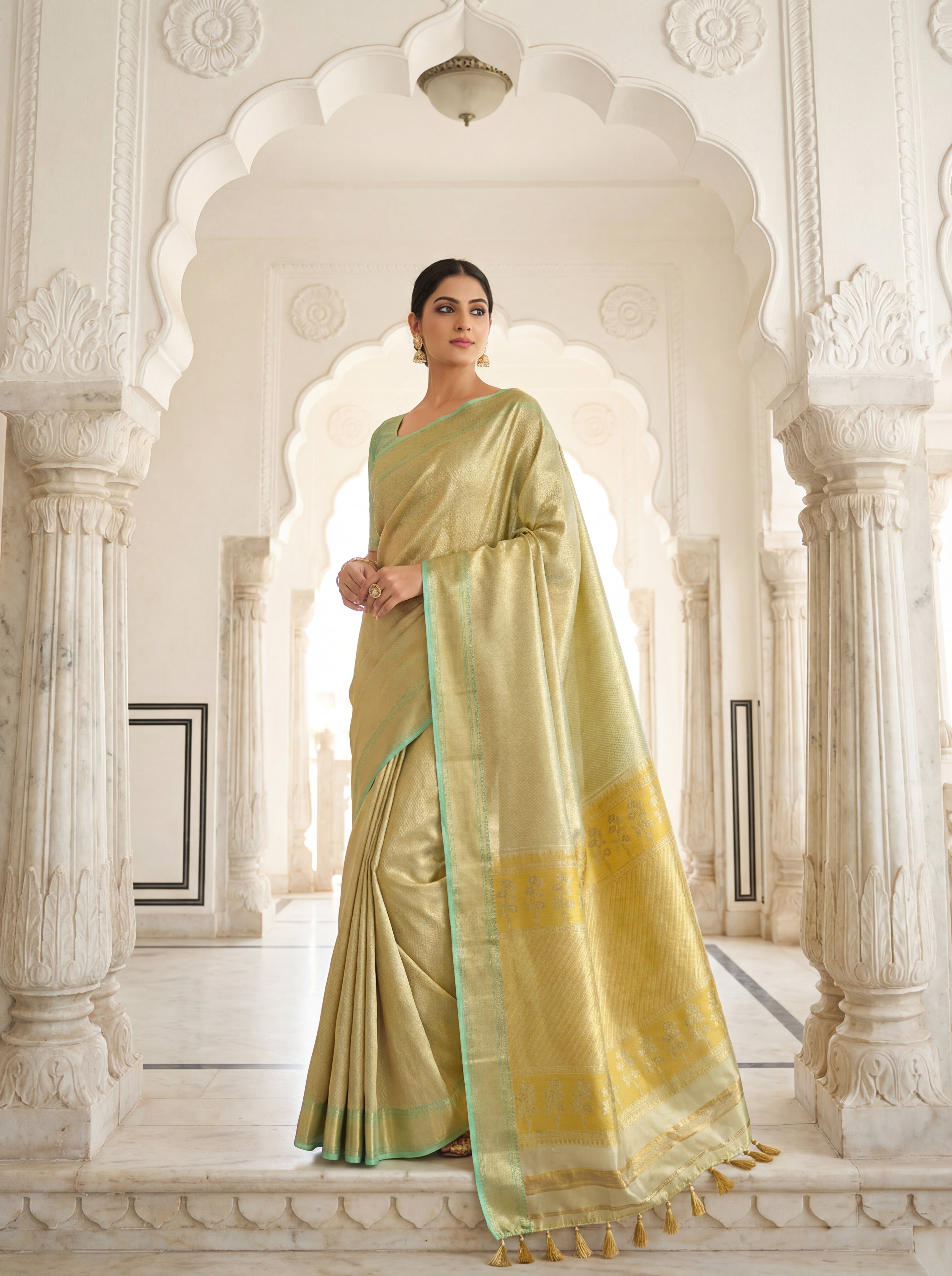 Soft Gold Tissue Silk Saree with Floral Zari Border & Mint Green Selvedge – Elegant Traditional Weave