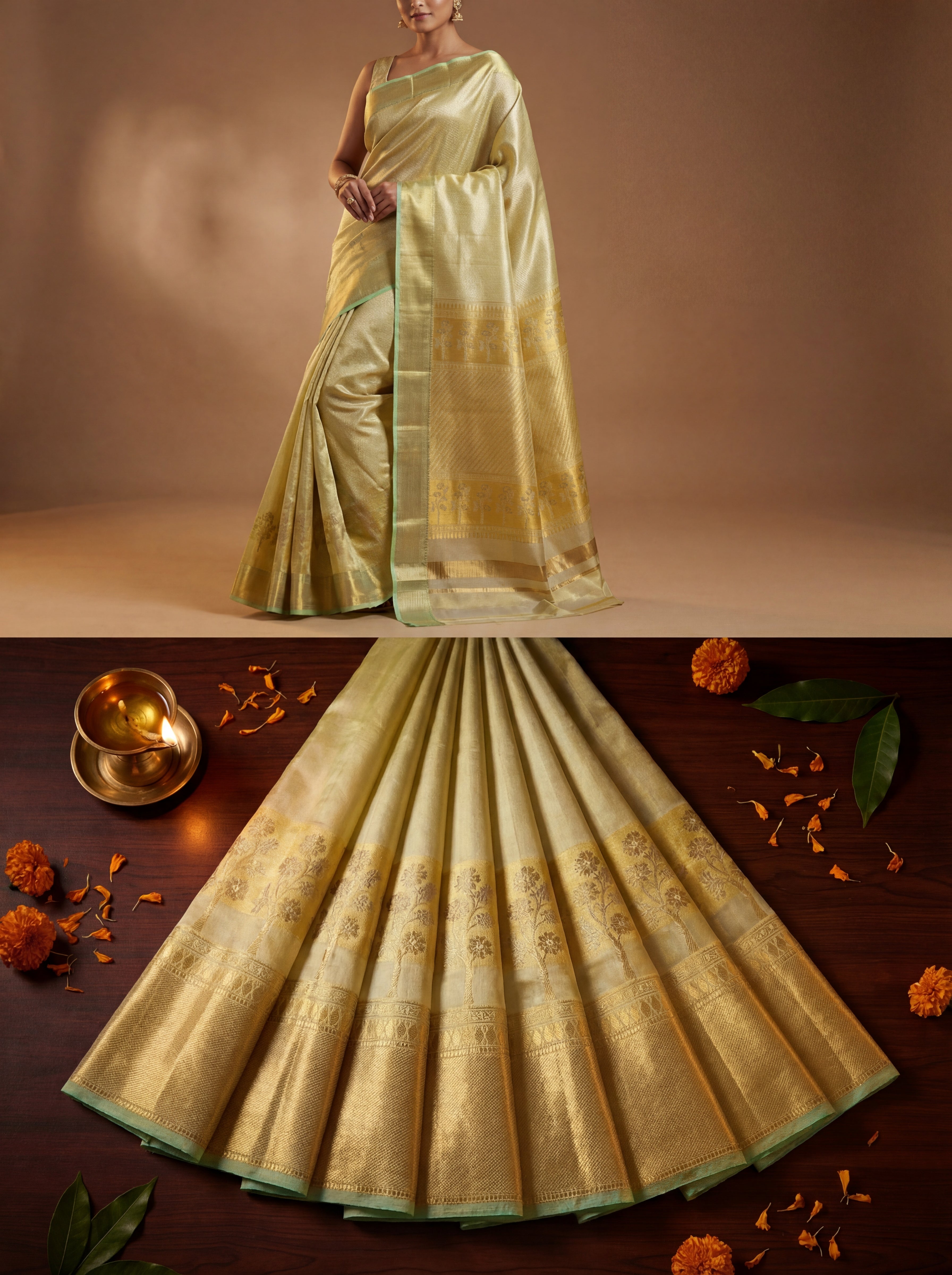 Soft Gold Tissue Silk Saree with Floral Zari Border & Mint Green Selvedge – Elegant Traditional Weave
