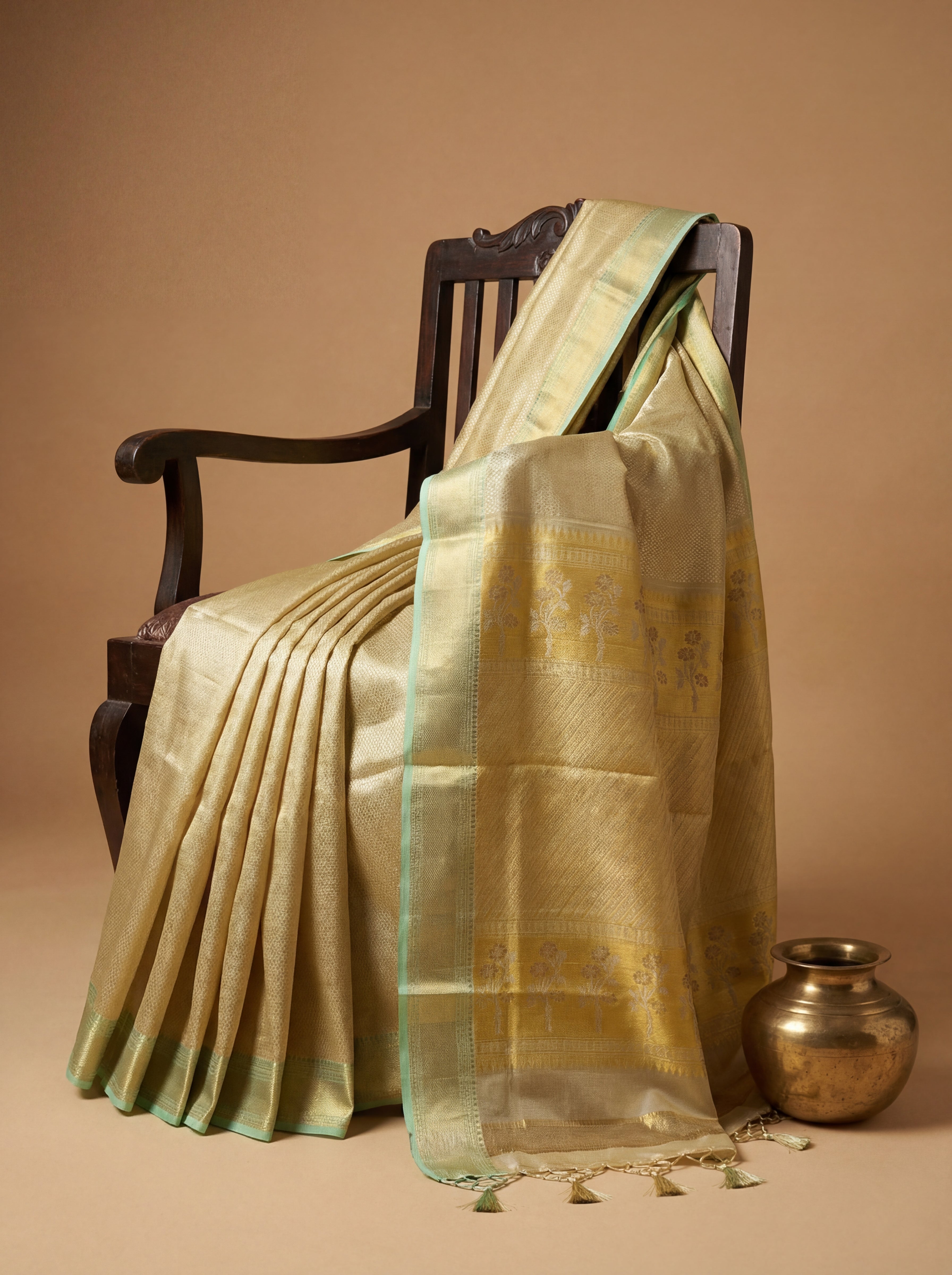 Soft Gold Tissue Silk Saree with Floral Zari Border & Mint Green Selvedge – Elegant Traditional Weave