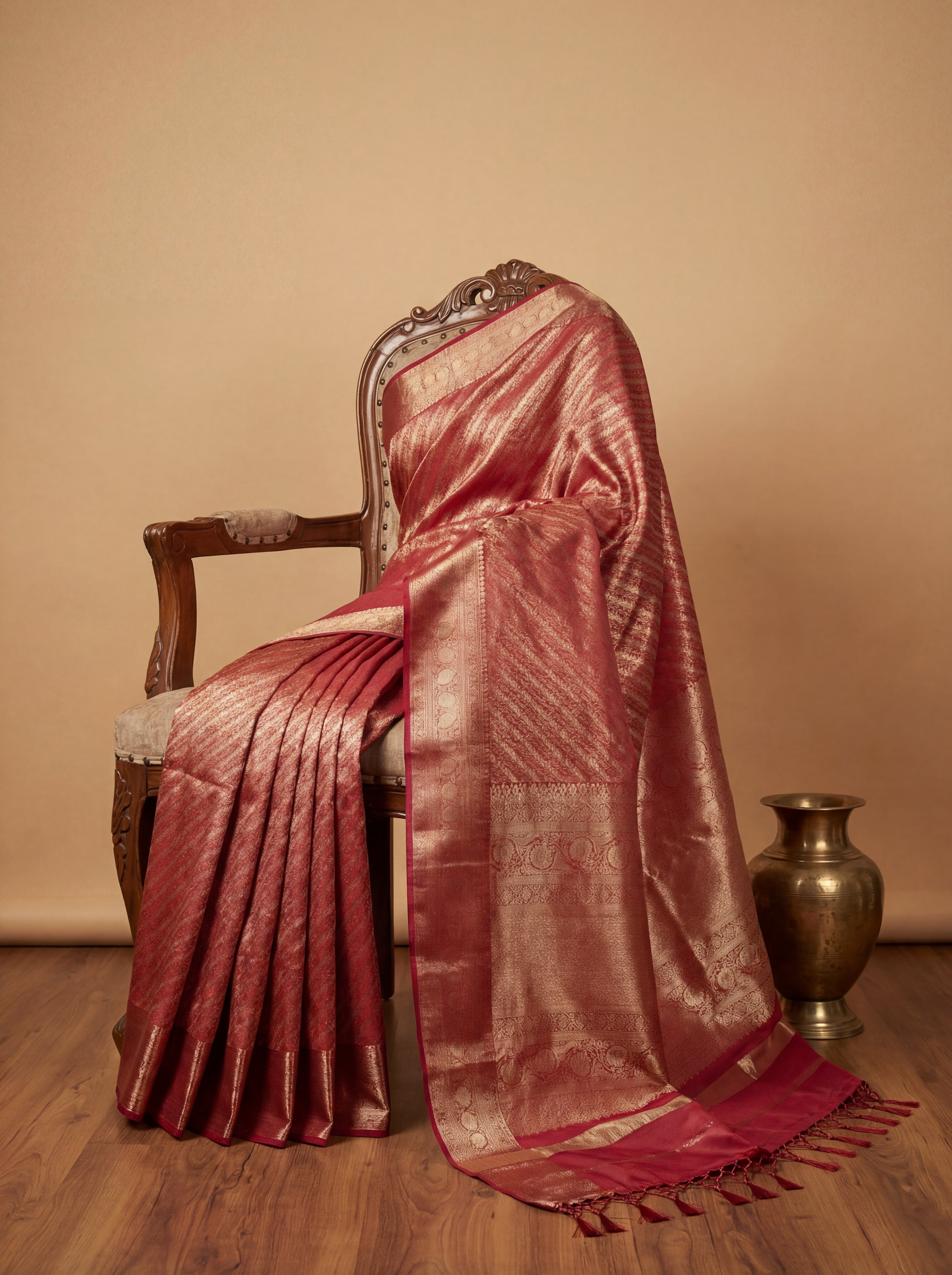 Rose Copper Tissue Silk Saree with Diagonal Self-Weave & Traditional Zari Panel – Contrast Deep Pink Border