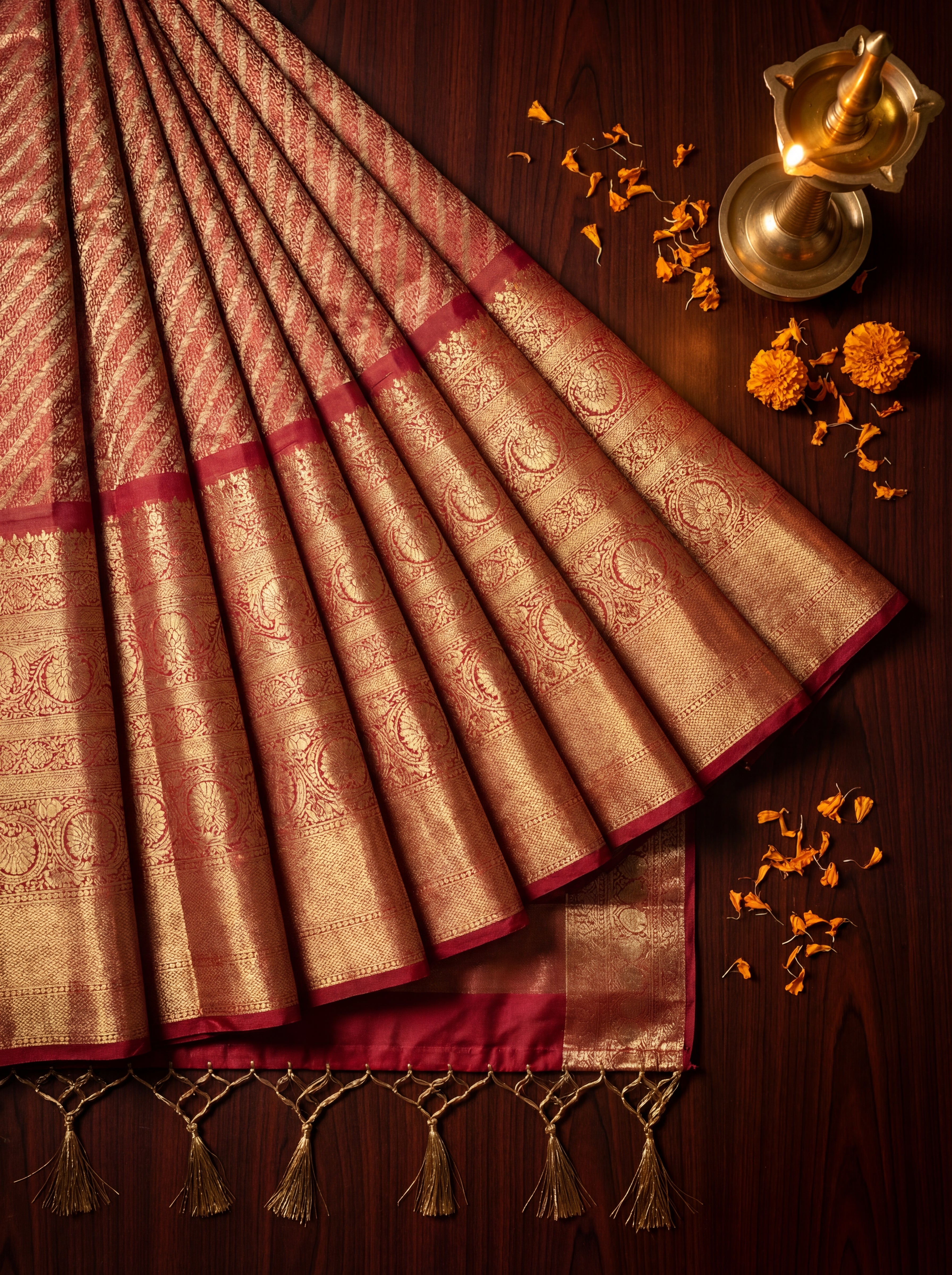 Rose Copper Tissue Silk Saree with Diagonal Self-Weave & Traditional Zari Panel – Contrast Deep Pink Border