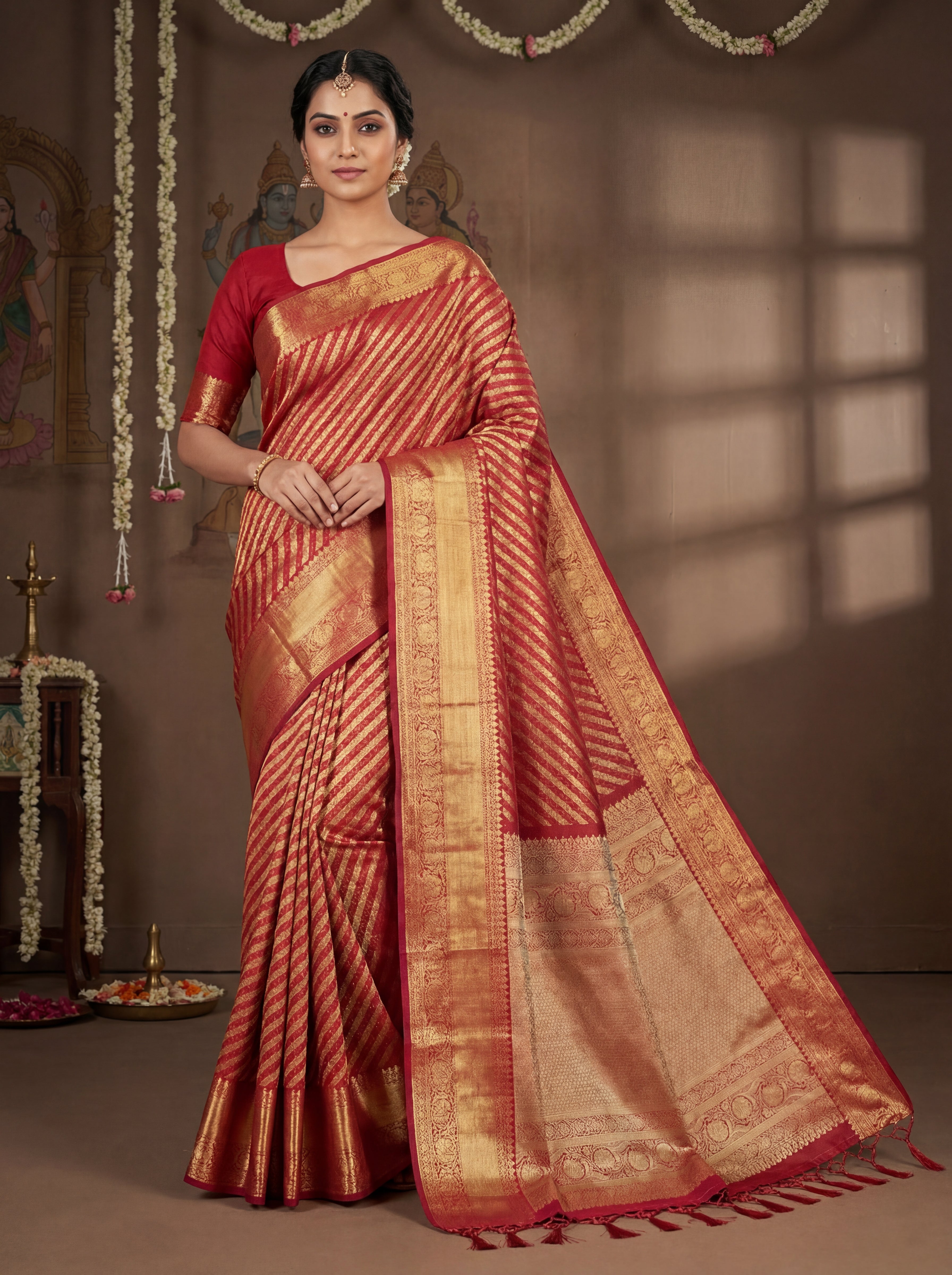 Rose Copper Tissue Silk Saree with Diagonal Self-Weave & Traditional Zari Panel – Contrast Deep Pink Border