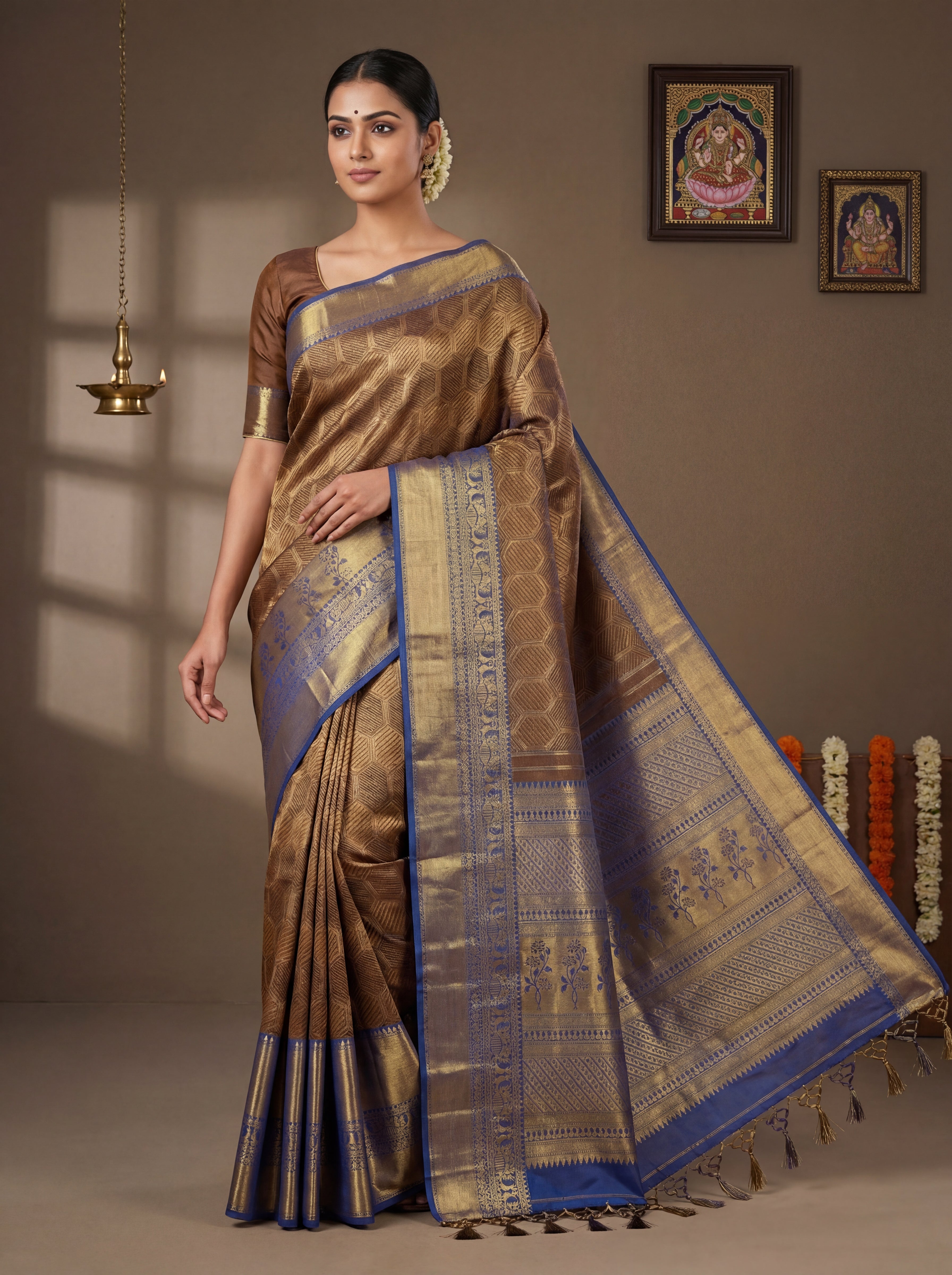 Antique Gold Tissue Silk Saree with Geometric Honeycomb Weave & Floral Zari Panel – Contrast Grey Pallu