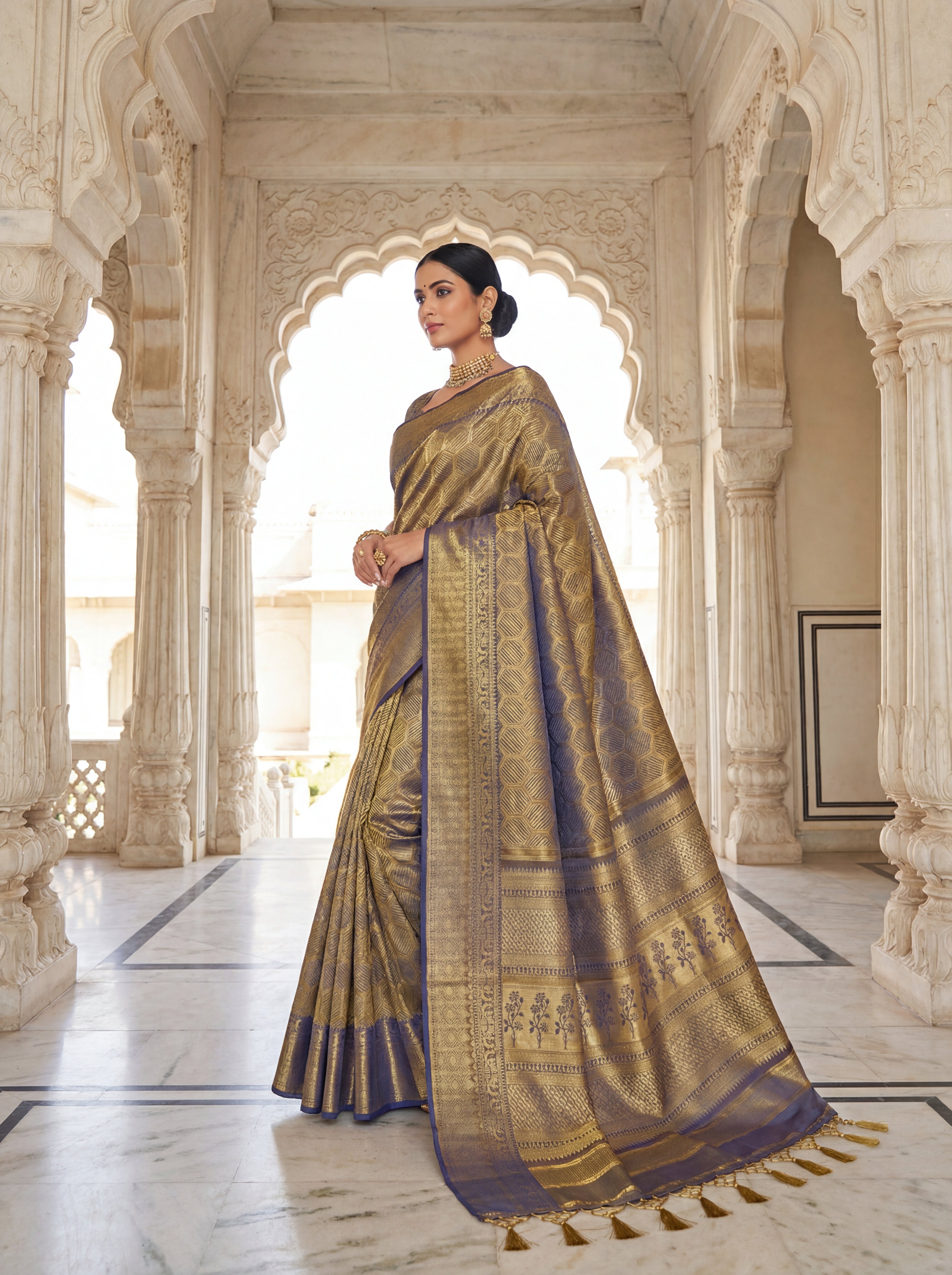 Antique Gold Tissue Silk Saree with Geometric Honeycomb Weave & Floral Zari Panel – Contrast Grey Pallu