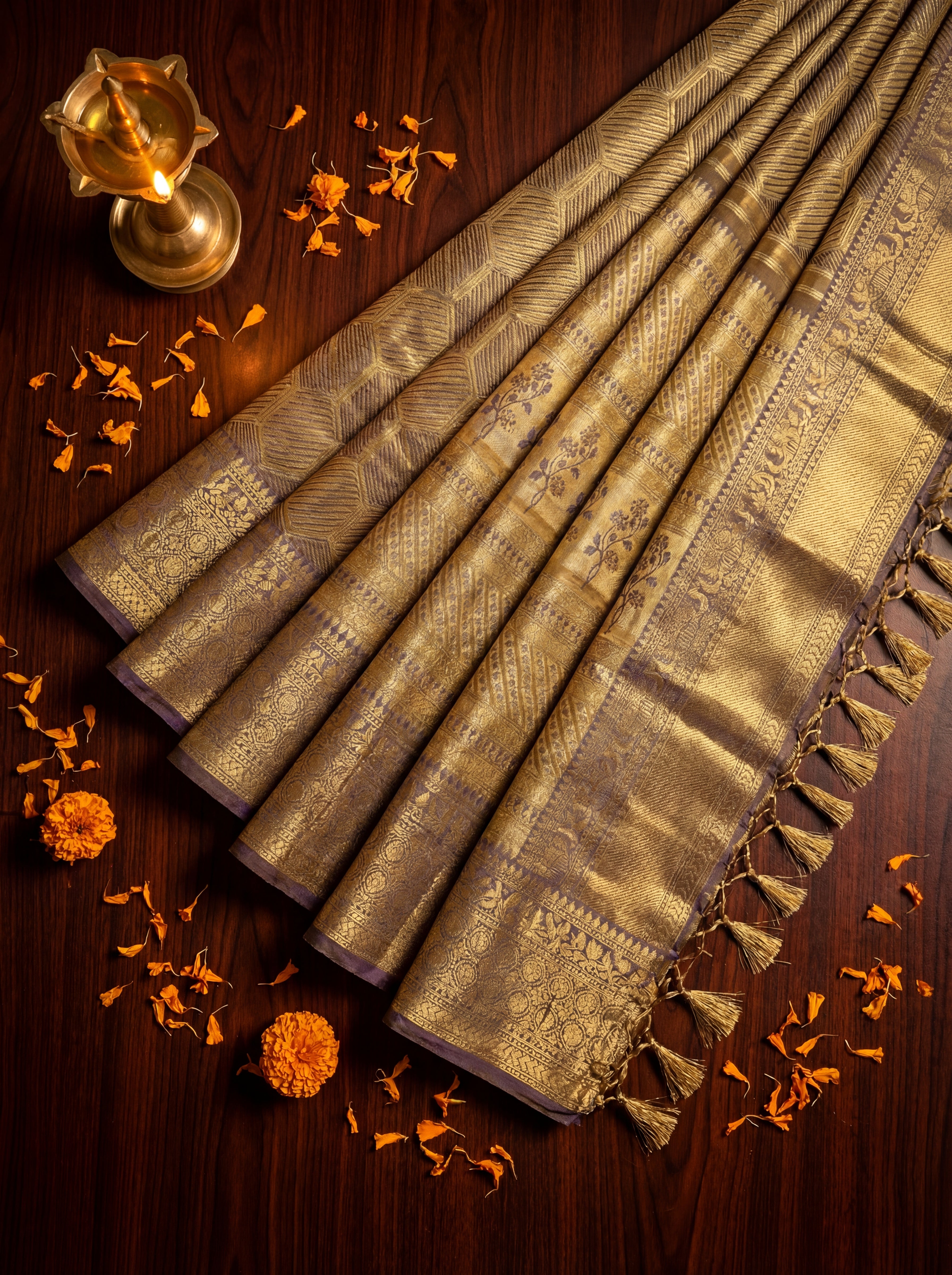 Antique Gold Tissue Silk Saree with Geometric Honeycomb Weave & Floral Zari Panel – Contrast Grey Pallu