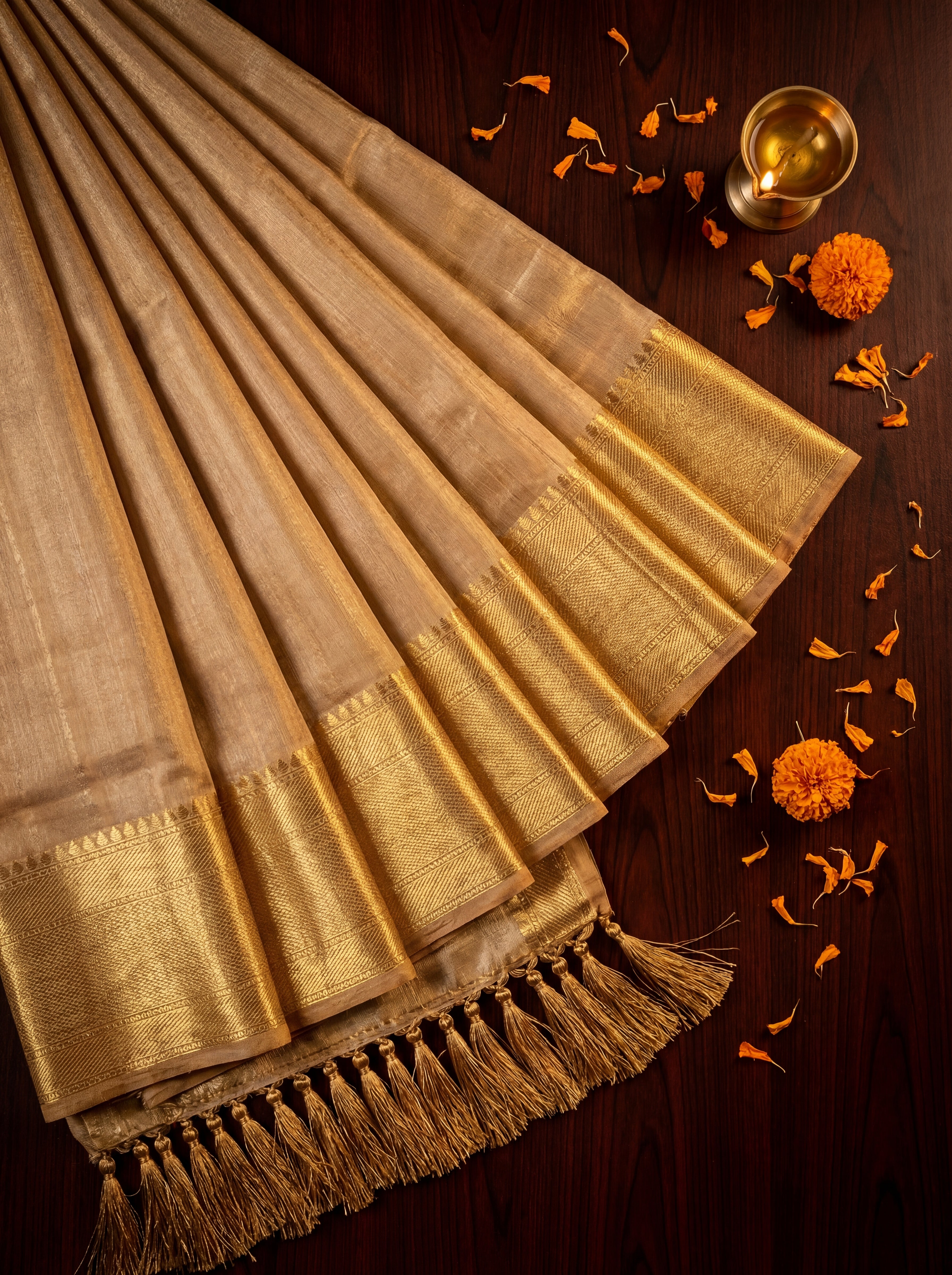 Classic Champagne Gold Tissue Silk Saree with Minimal Zari Border – Elegant Plain Shimmer Weave