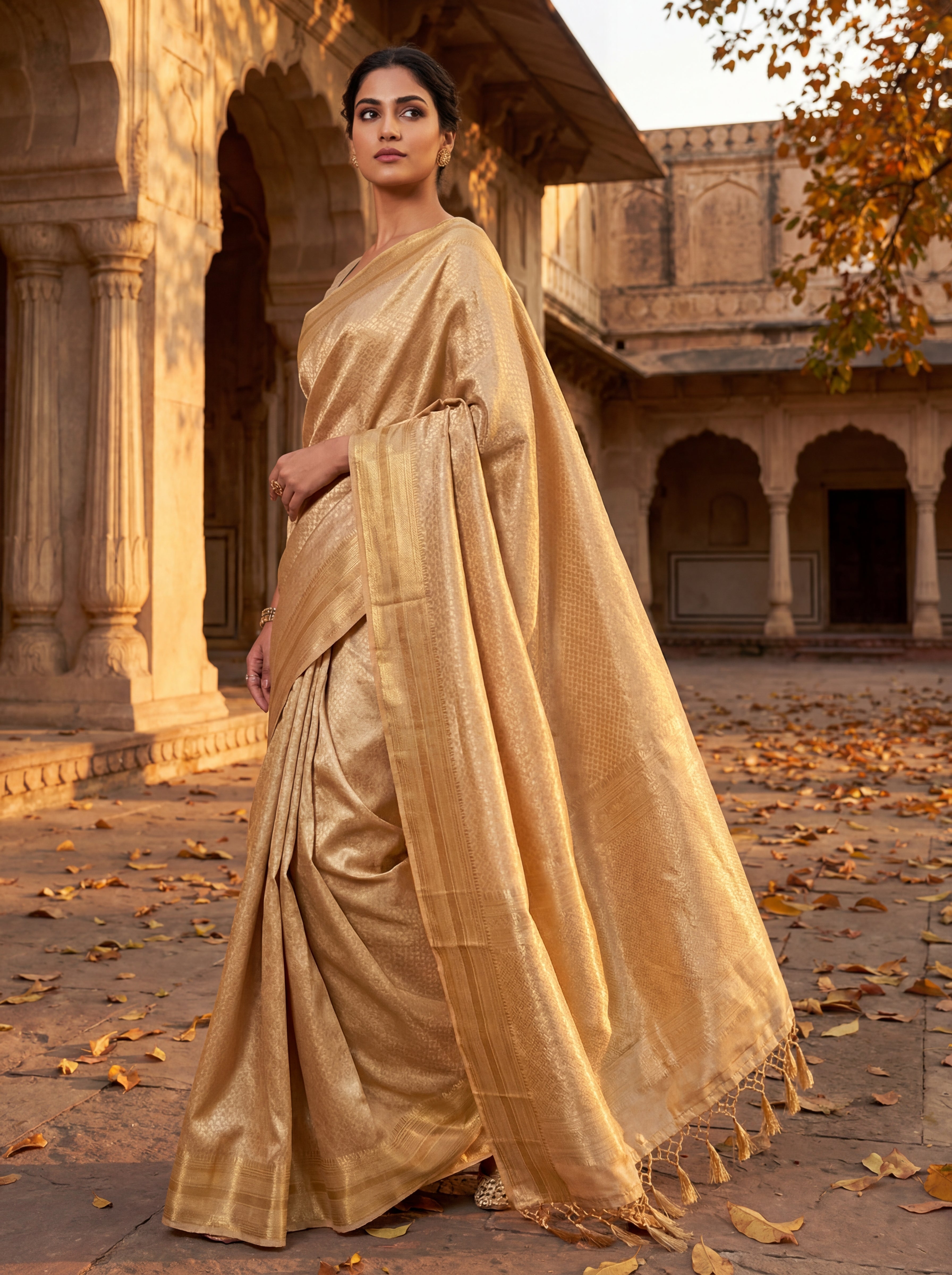 Classic Champagne Gold Tissue Silk Saree with Minimal Zari Border – Elegant Plain Shimmer Weave