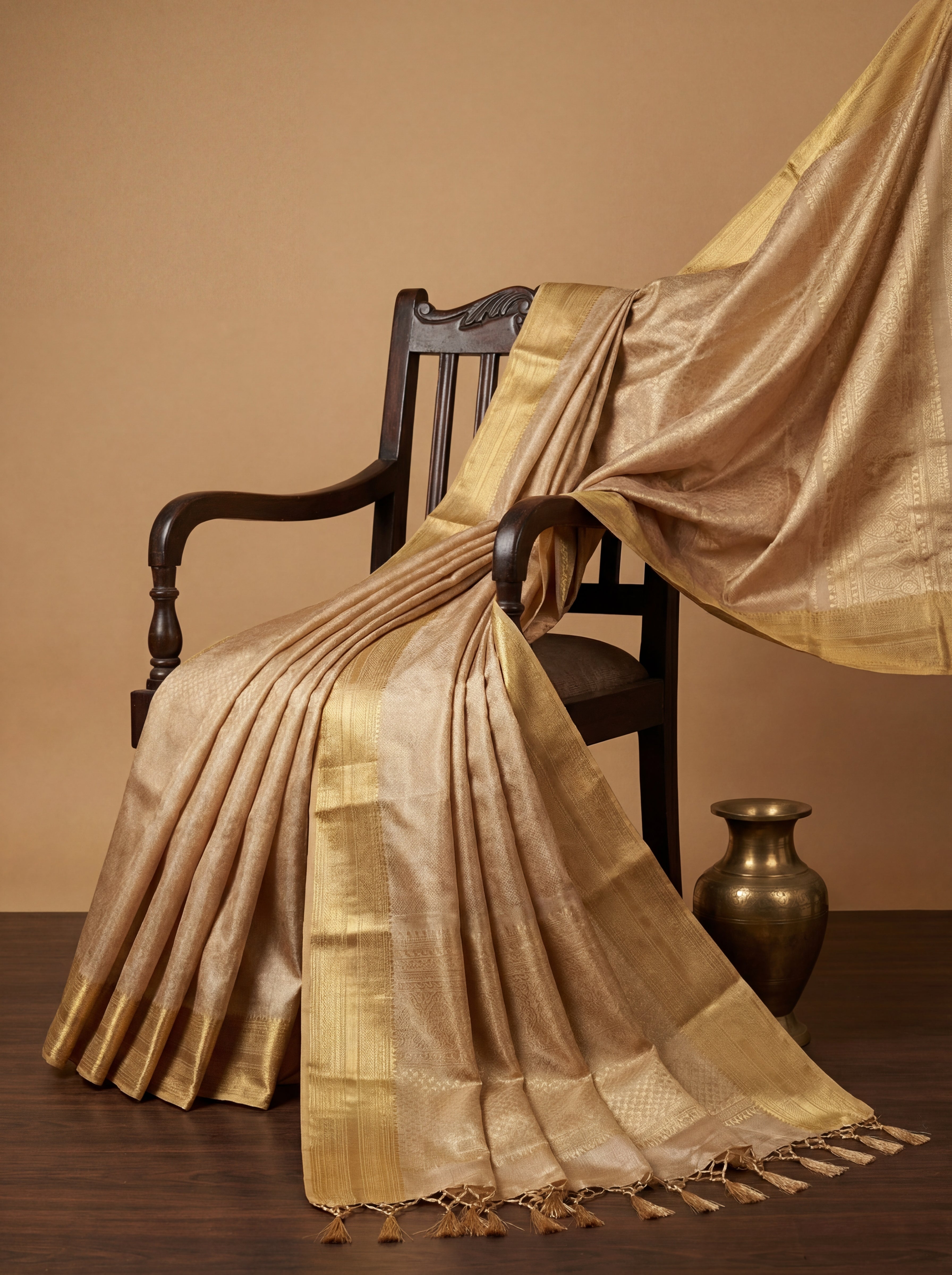 Classic Champagne Gold Tissue Silk Saree with Minimal Zari Border – Elegant Plain Shimmer Weave
