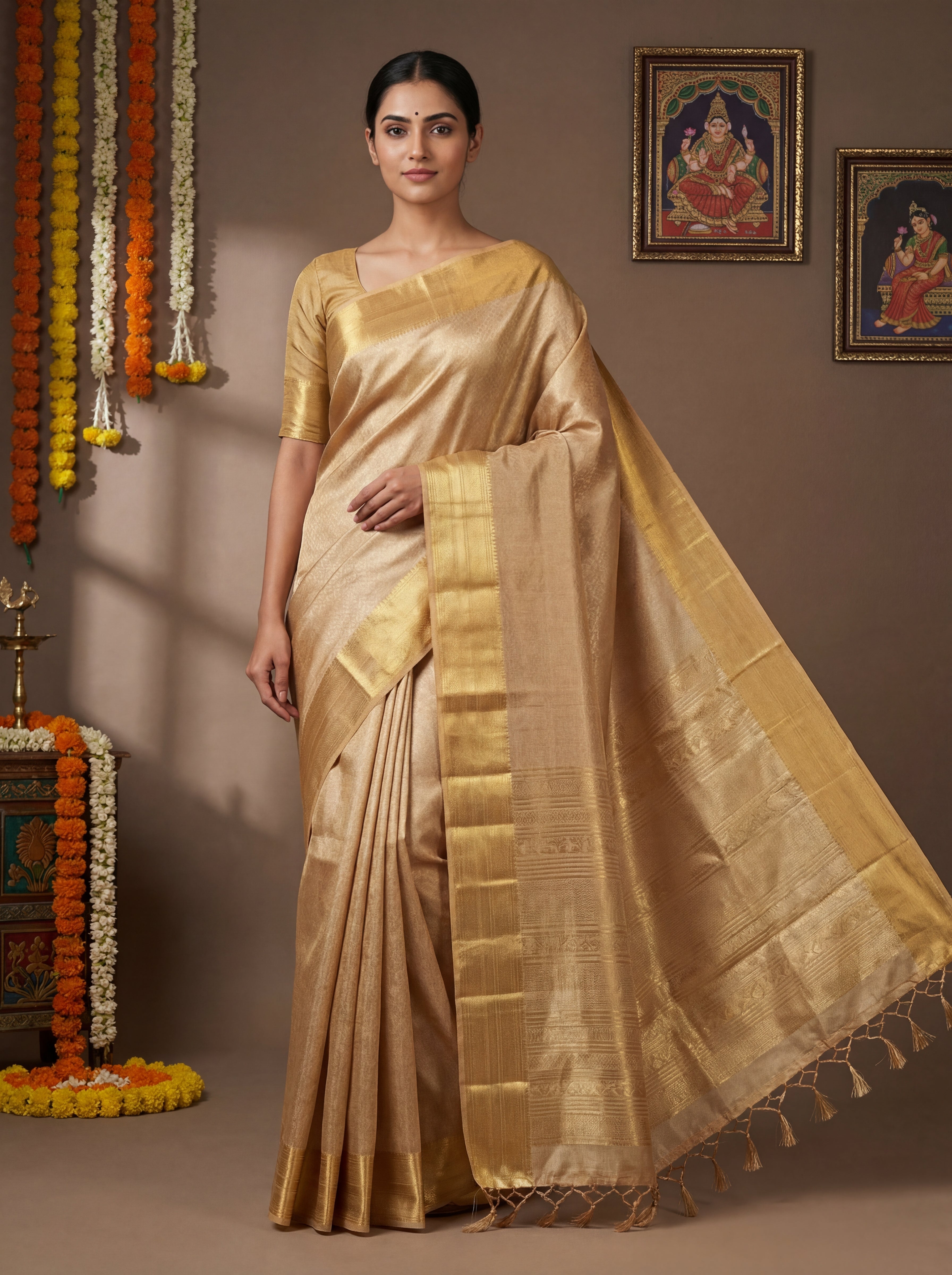 Classic Champagne Gold Tissue Silk Saree with Minimal Zari Border – Elegant Plain Shimmer Weave