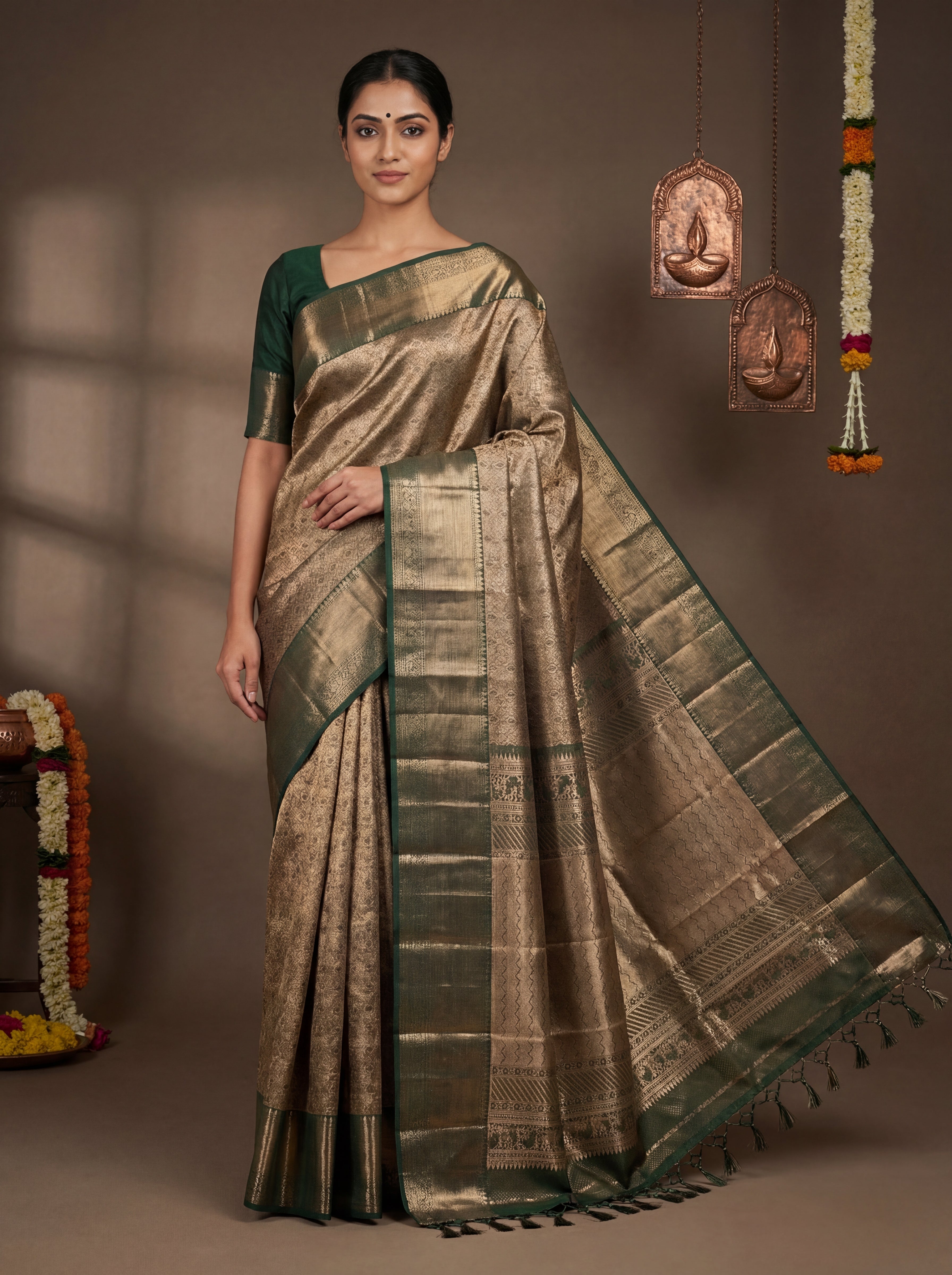 Antique Bronze Tissue Silk Saree with Intricate Geometric Weave & Ornamental Zari Panels – Contrast Olive Green Border