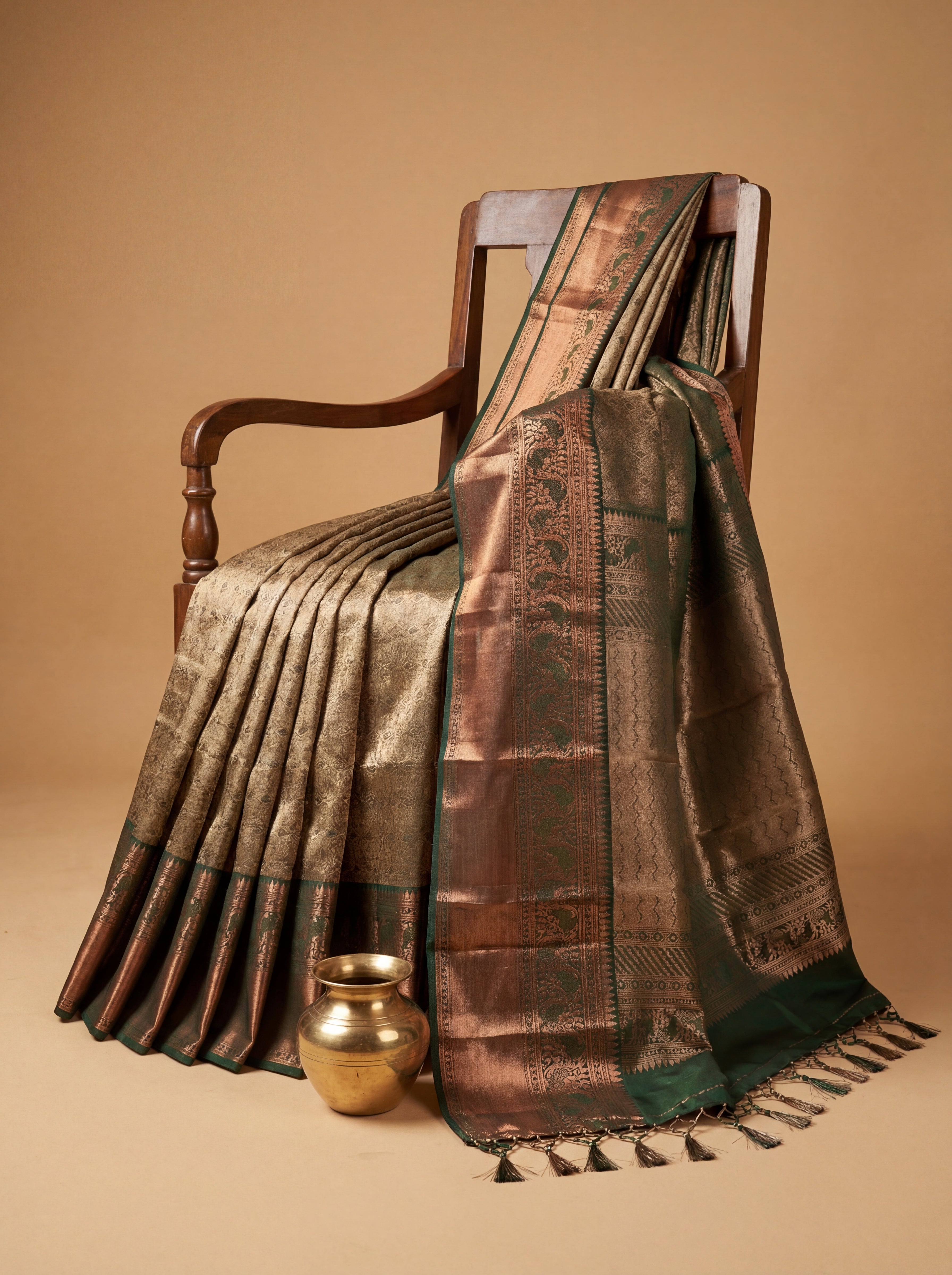 Antique Bronze Tissue Silk Saree with Intricate Geometric Weave & Ornamental Zari Panels – Contrast Olive Green Border