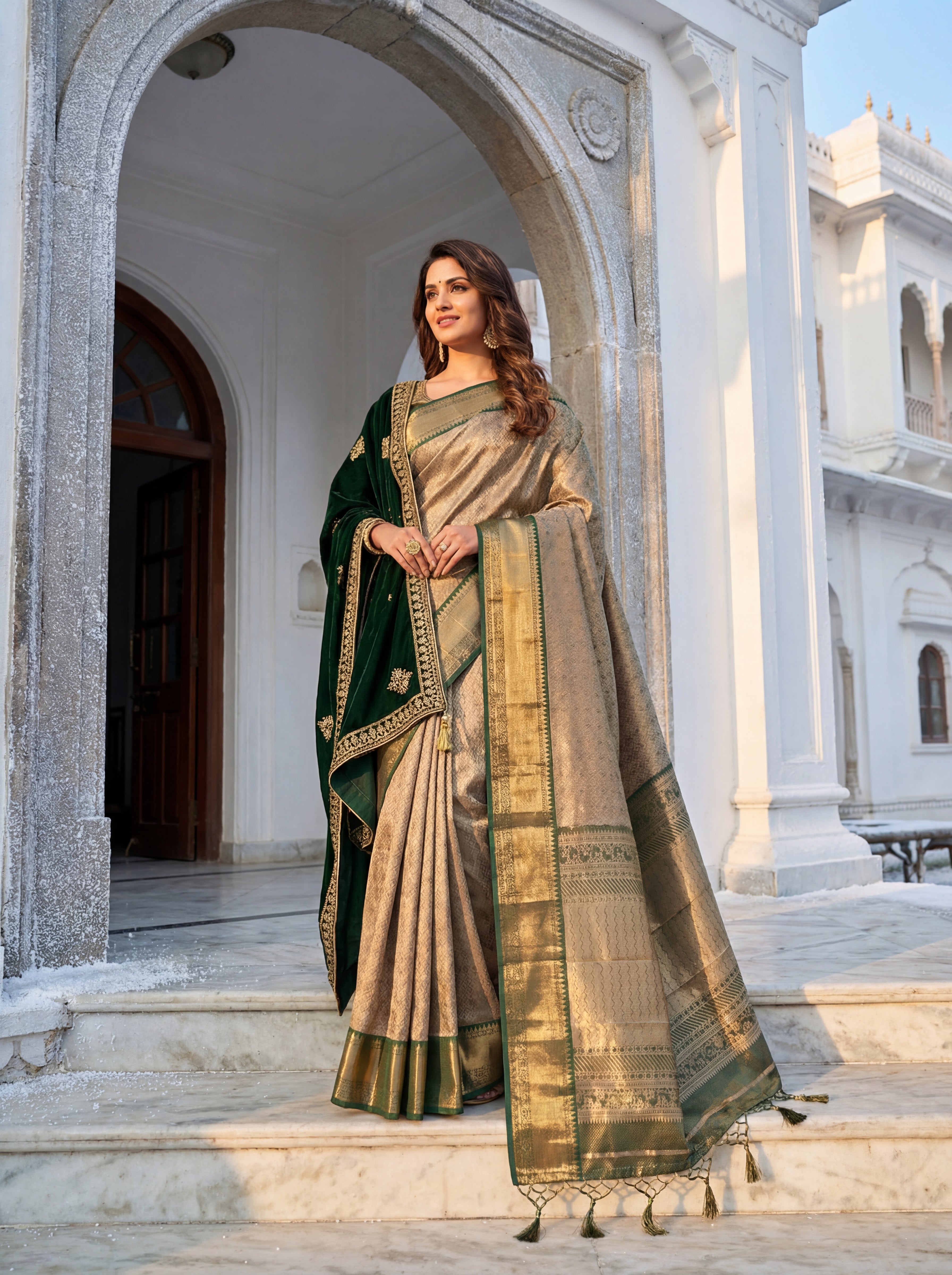 Antique Bronze Tissue Silk Saree with Intricate Geometric Weave & Ornamental Zari Panels – Contrast Olive Green Border