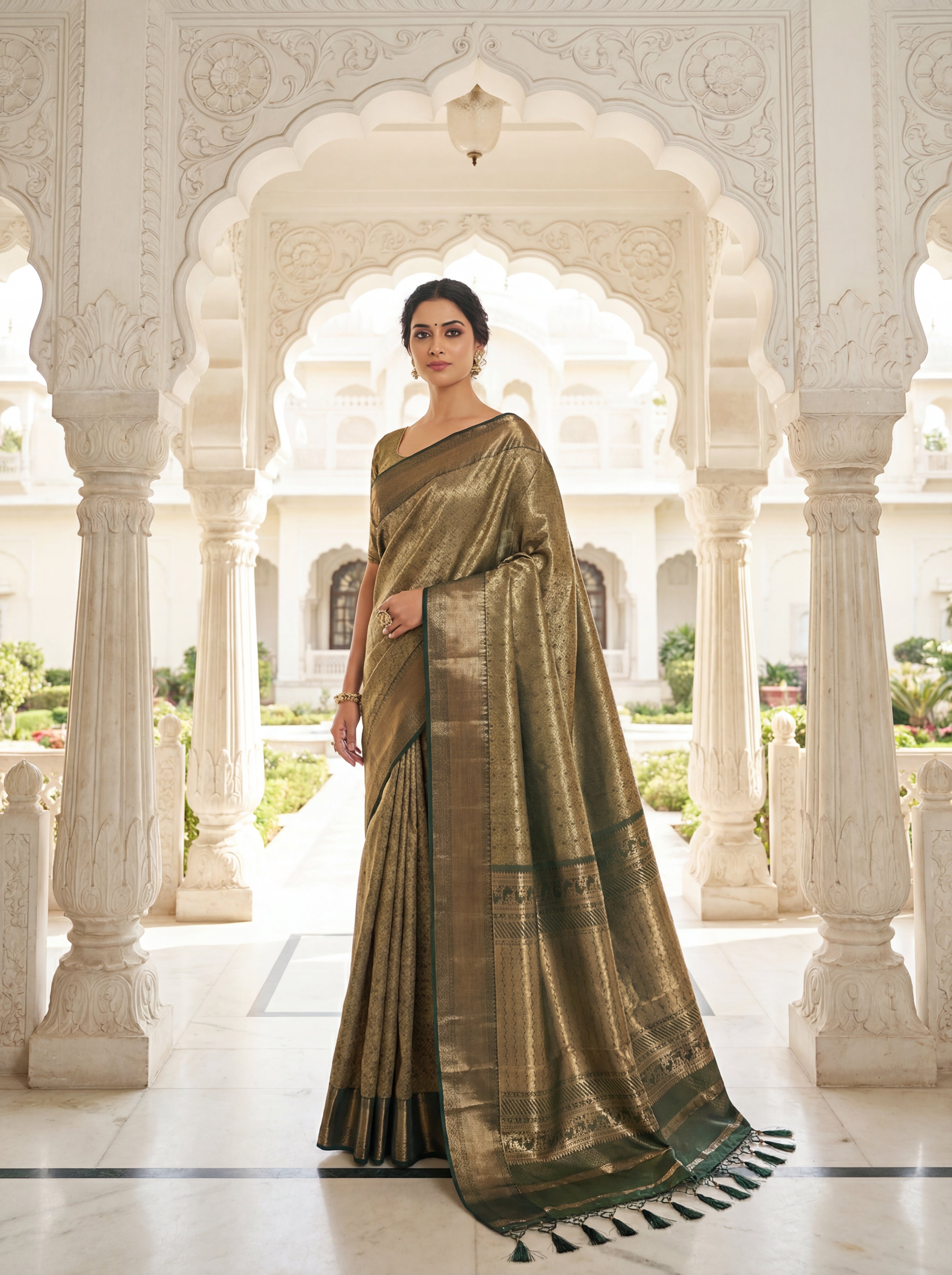 Antique Bronze Tissue Silk Saree with Intricate Geometric Weave & Ornamental Zari Panels – Contrast Olive Green Border