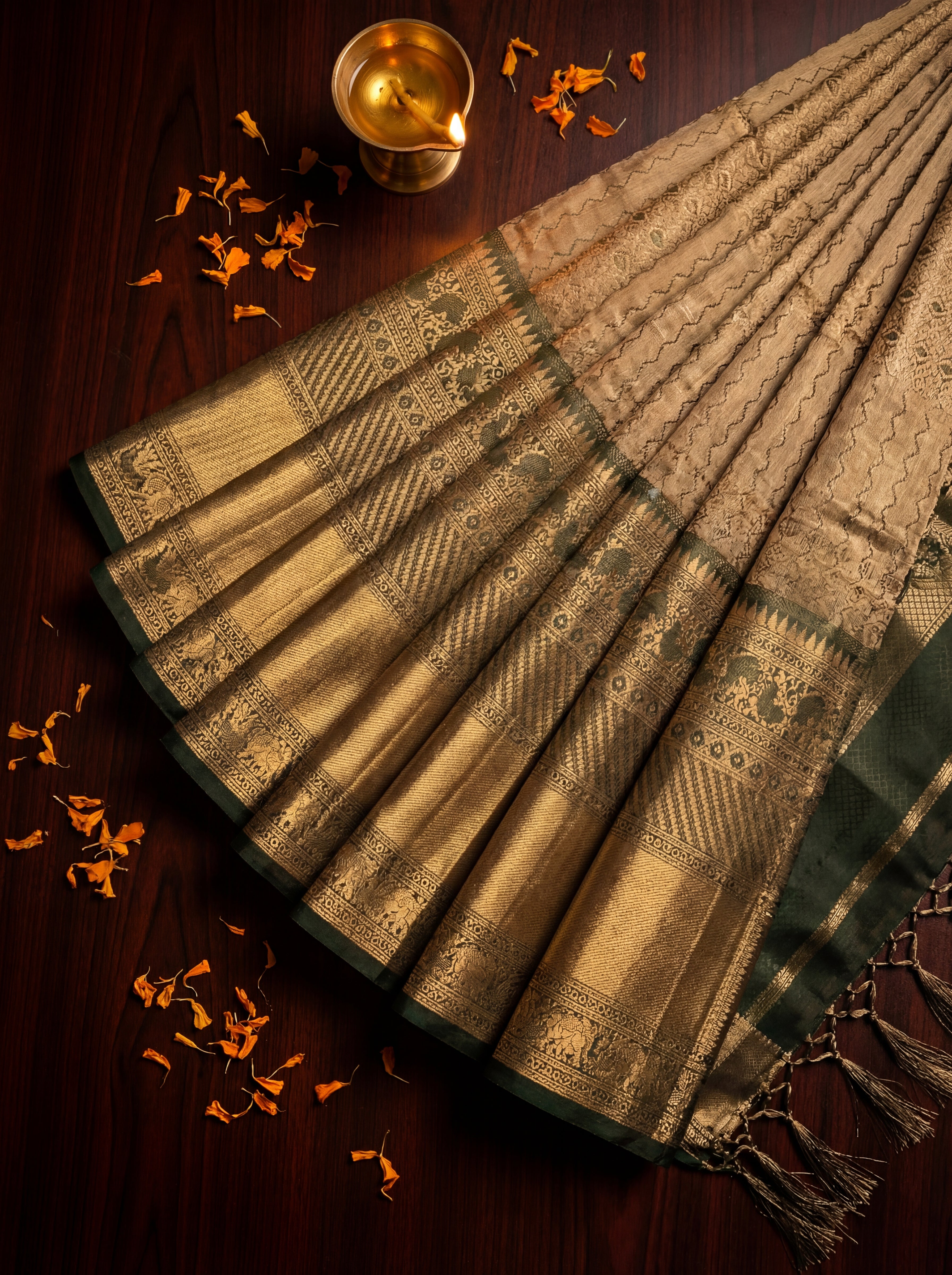 Antique Bronze Tissue Silk Saree with Intricate Geometric Weave & Ornamental Zari Panels – Contrast Olive Green Border